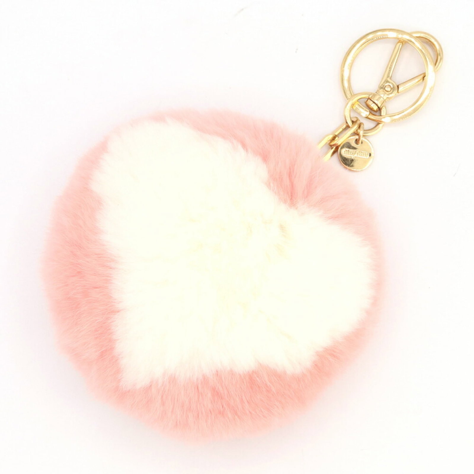 Keyring Fur Metal Miu: Keyring Fur Metal Miu Gold, Pink, and White fur metal keyring in very good condition. A few traces of usage are present, with some scratches and dirt visible, but overall the item remains in
