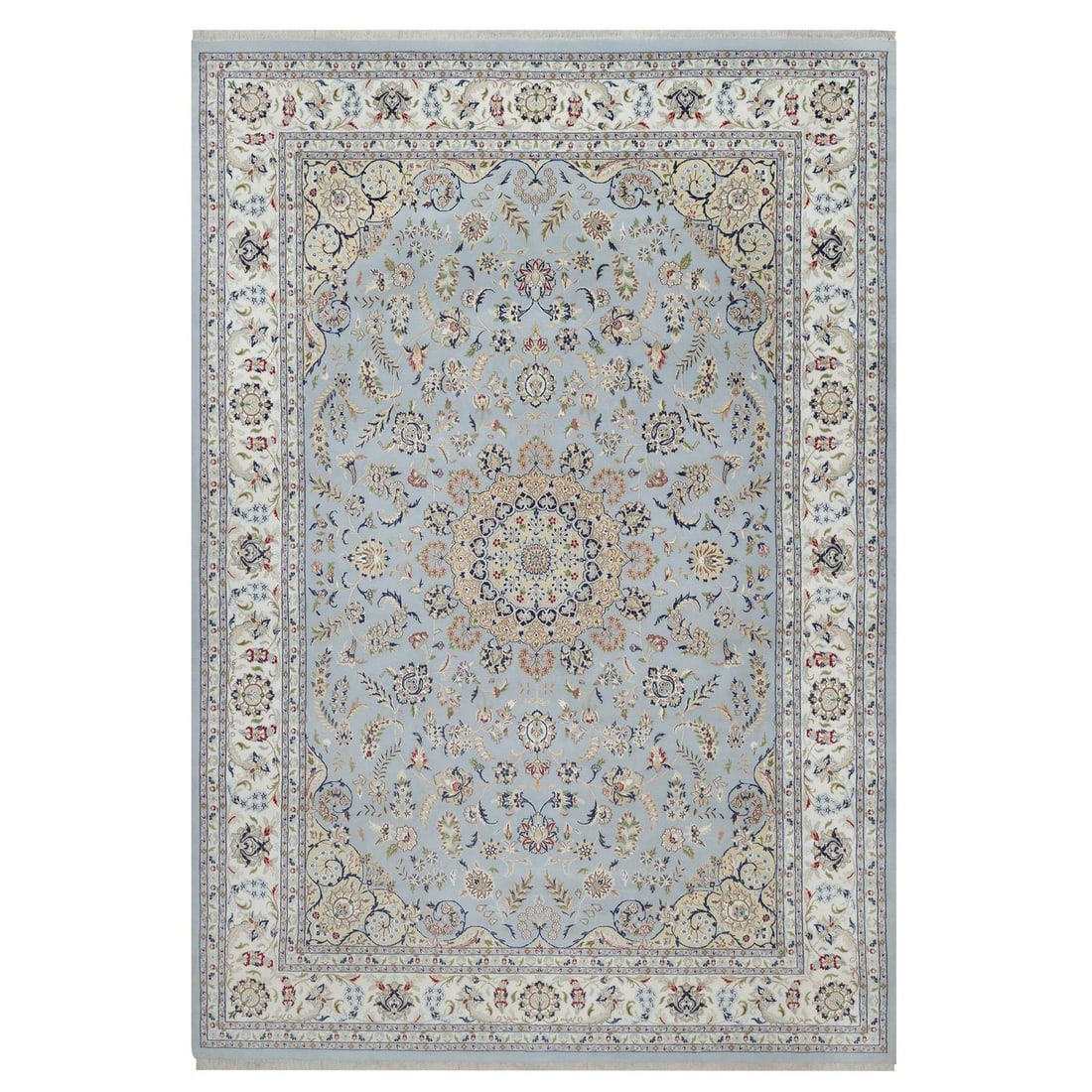 9'9"x14'3" Light Blue Wool and Silk Nain with Medallion Design Hand Knotted: 9'9"x14'3" Light Blue Wool and Silk Nain with Medallion Design Hand Knotted 9'9"x14'3" Light Blue Wool and Silk Nain with Medallion Design Hand Knotted Rug. This stunning, hand-knotted rug boasts a