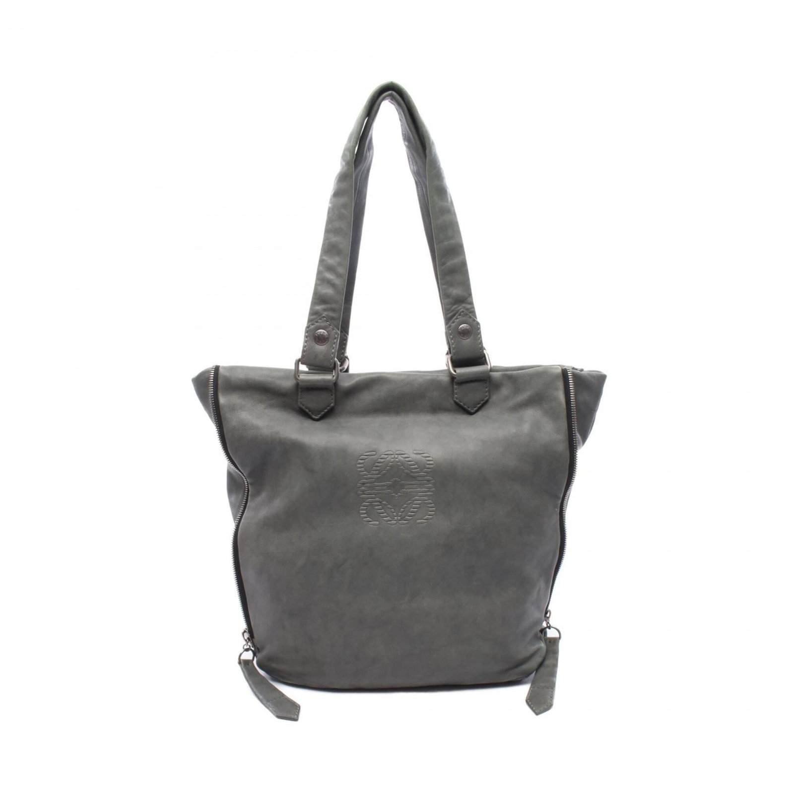 Handbag tote bag leather: Handbag tote bag leather Gray leather tote bag from Loewe, measuring 38cm x 35cm x 11cm. The bag shows signs of usage with scratches and dirt, but remains in good condition overall. A classic design