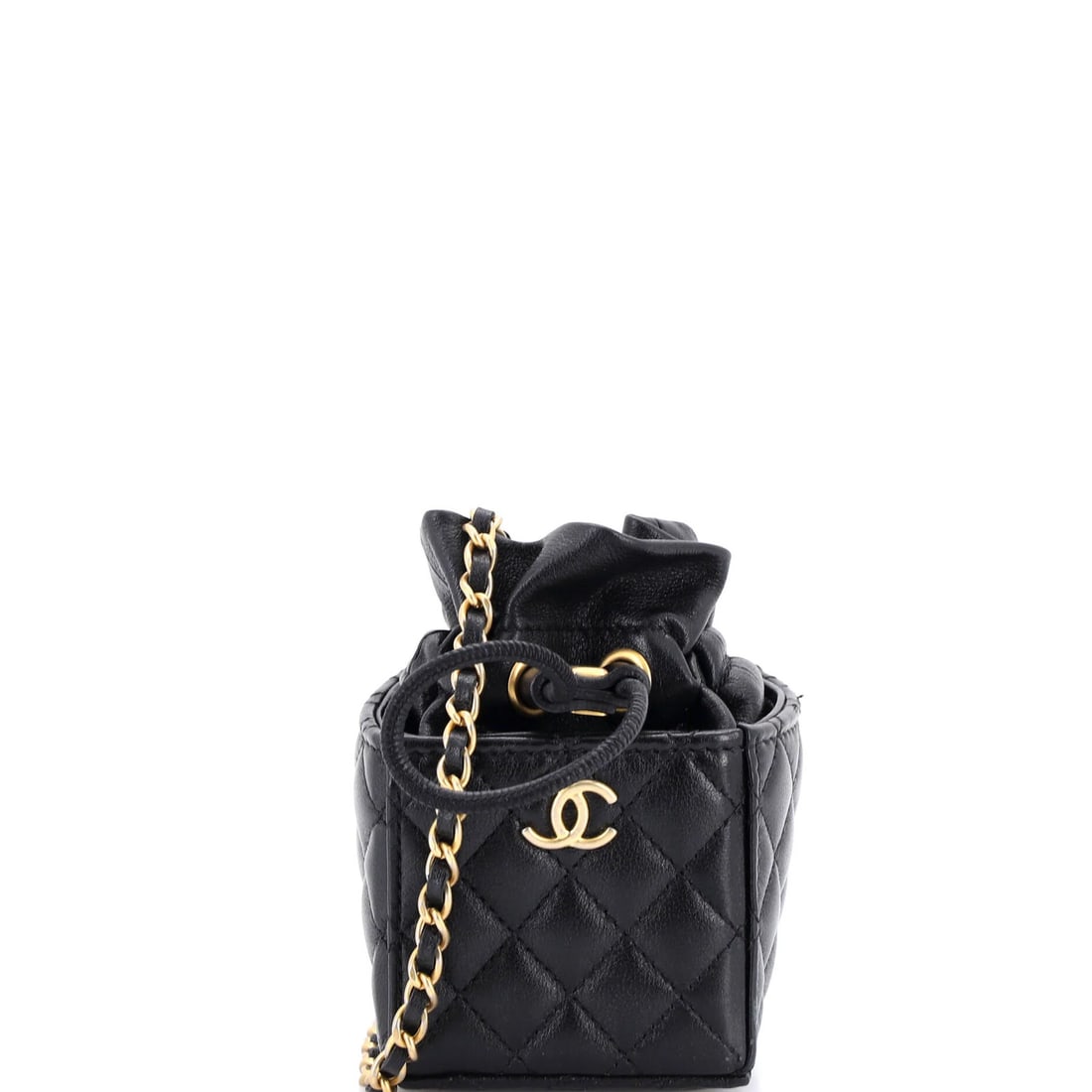 Calfskin Quilted Square Bucket Mini Bag Drawstring Chanel: Calfskin Quilted Square Bucket Mini Bag Drawstring Chanel Black quilted calfskin mini bucket bag with drawstring closure, featuring minor creases and scuffs on the exterior. The interior bears minor