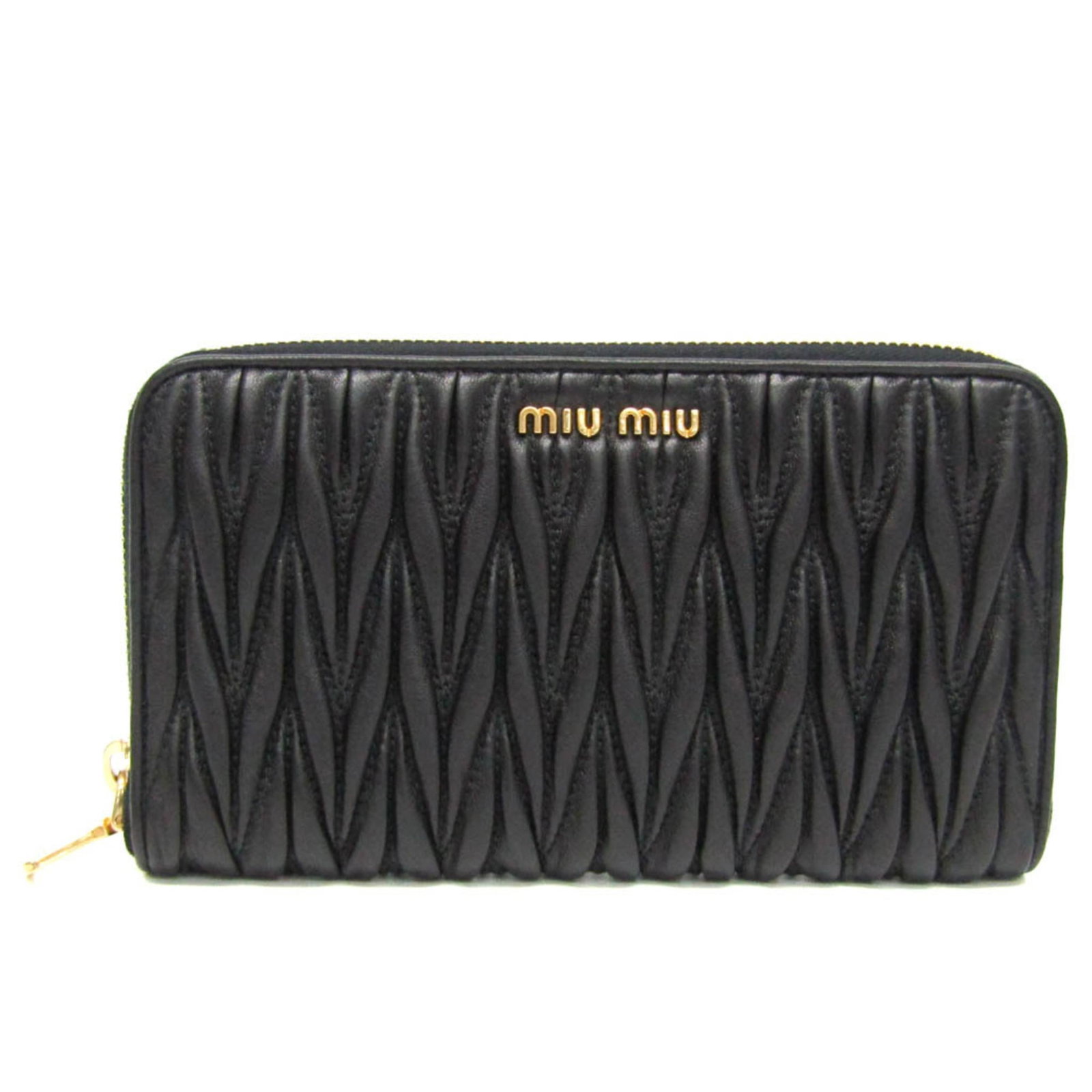 Miu Long Wallet (Bi-Fold) Leather: Miu Long Wallet (Bi-Fold) Leather Black Miu Miu bi-fold leather wallet with a zipper closure, featuring eight card slots, two bill slots, and a coin purse. The wallet measures 10.5cm x 18cm x 2.5cm an