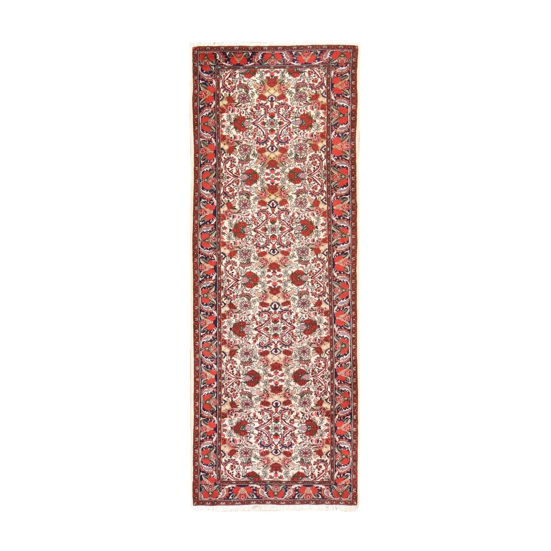 3'4"x9'4" Ivory Vintage Zoroastrian Flower Design Wool Hand Knotted Runner: 3'4"x9'4" Ivory Vintage Zoroastrian Flower Design Wool Hand Knotted Runner This stunning ivory wool hand-knotted Zoroastrian flower design runner measures 3'4"x9'4" and boasts an all-over regional