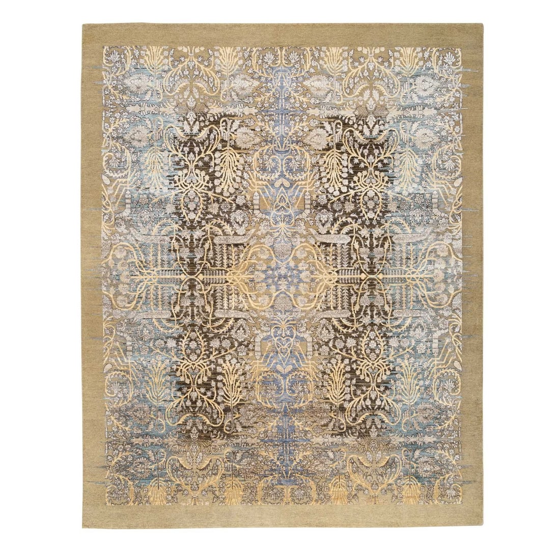 8'x9'10" Gold Brown Silk With Textured Wool Hand Knotted Rug: 8'x9'10" Gold Brown Silk With Textured Wool Hand Knotted Rug Hand-knotted with wool and silk, this 8'x9'10" gold brown rug boasts an intricate textured design. Made from a blend of natural fibers,