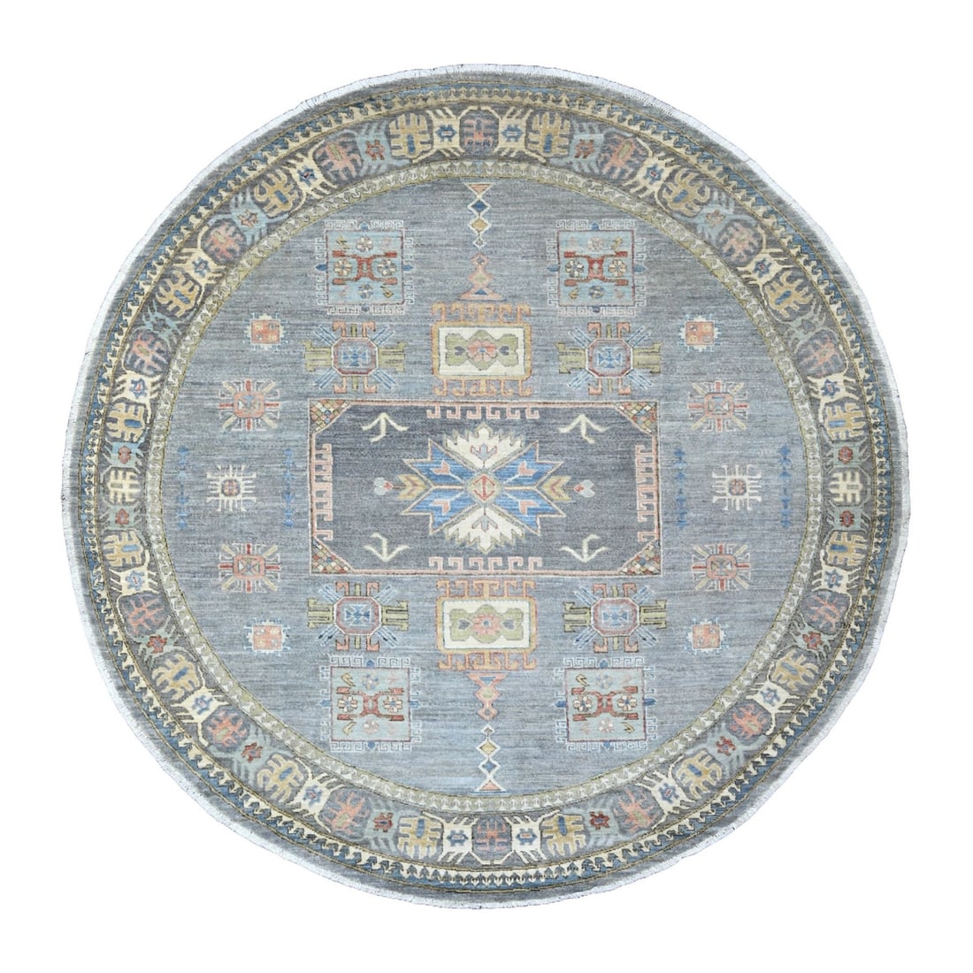 8'x8' Gray Antique Caucasian Influence Design Hand Knotted Wool Round Rug: 8'x8' Gray Antique Caucasian Influence Design Hand Knotted Wool Round Rug The Peshawar-style rug boasts a stunning geometric design in shades of grey, yellow, red, green, blue, brown, and ivory, woven