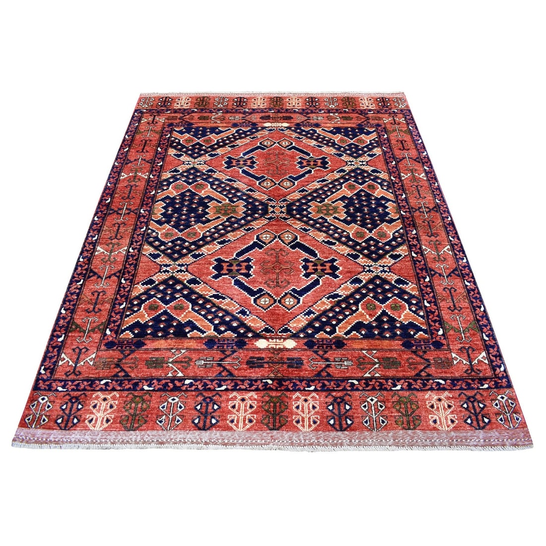 5'3"x6'6" Pure Wool Red Afghan Ersari Geometric Design Hand Knotted Rug (1 of 6)