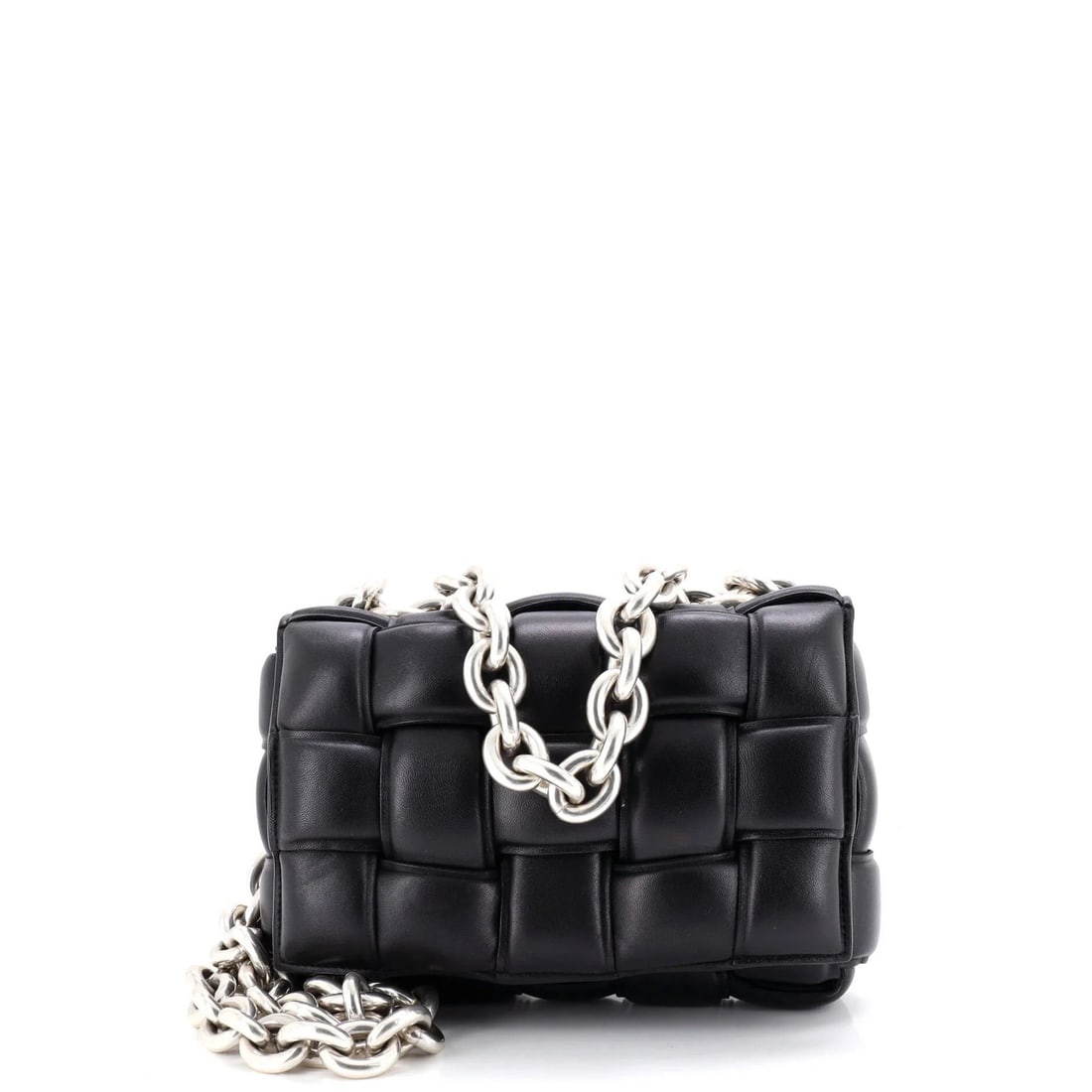 Bottega Veneta Cassette Chain Crossbody Bag Padded Maxi Intrecciato Leather: Bottega Veneta Cassette Chain Crossbody Bag Padded Maxi Intrecciato Leather Black Cassette Chain Crossbody Bag with Intrecciato Leather, featuring a padded maxi design and aged silver hardware.