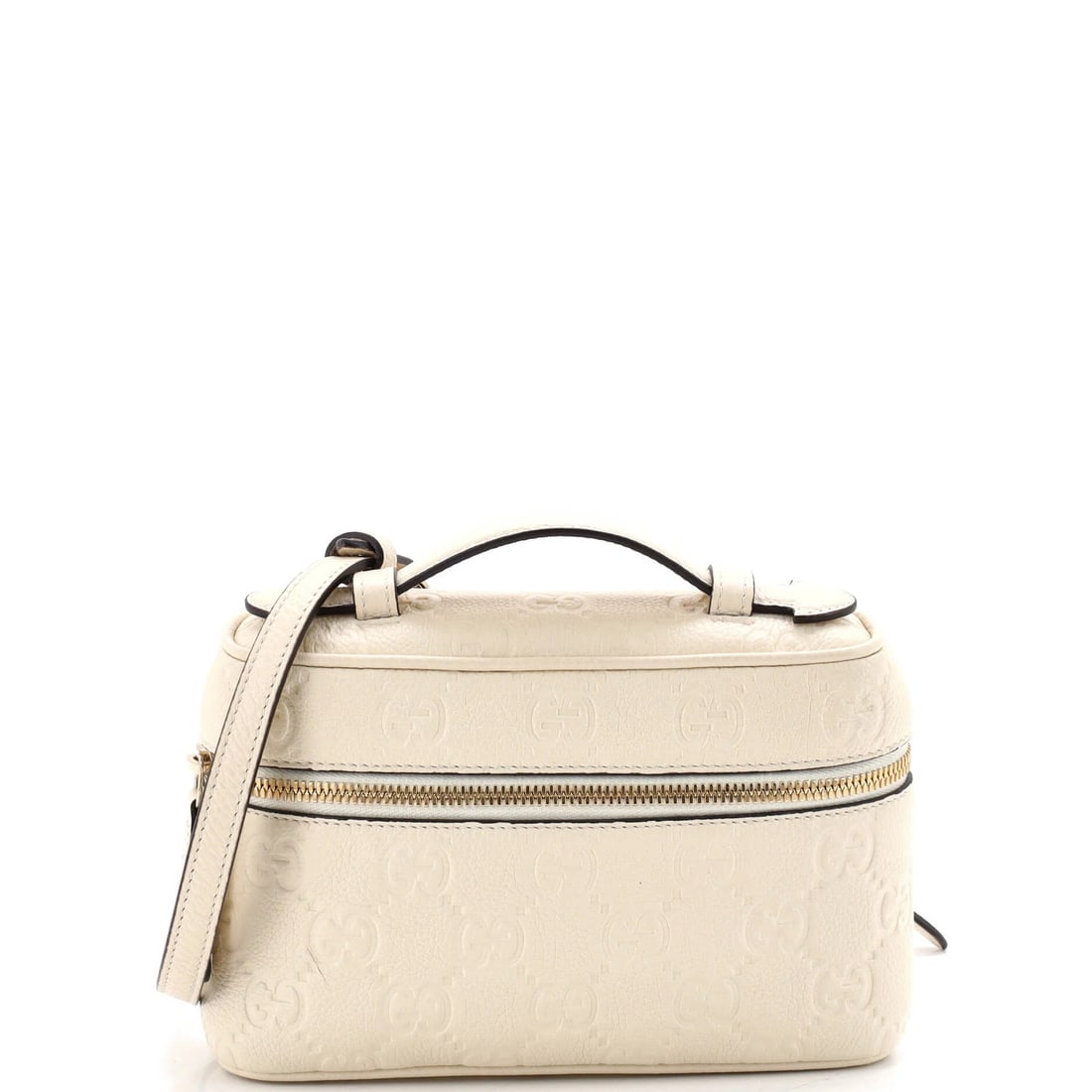 Gucci Emblem Top Handle Vanity Bag GG Embossed Leather Small: Gucci Emblem Top Handle Vanity Bag GG Embossed Leather Small Small Gucci Emblem Top Handle Vanity Bag in Neutral GG Embossed Leather. This bag features a classic design with an iconic top handle and n