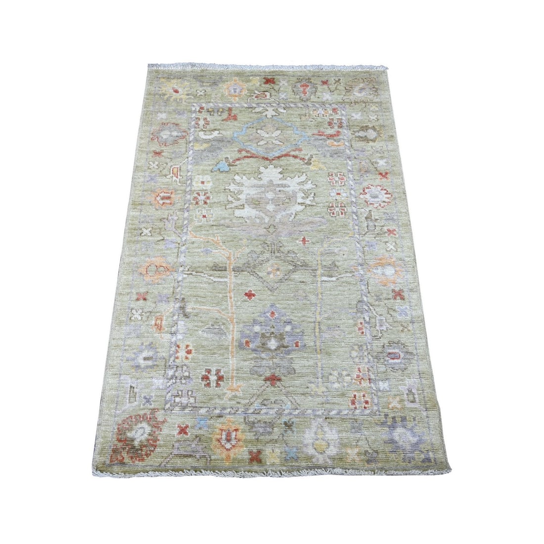 3'2"x5' Light Green Afghan Angora Oushak Leaf Design Hand Knotted Wool Rug: 3'2"x5' Light Green Afghan Angora Oushak Leaf Design Hand Knotted Wool Rug Light Green Afghan Angora Oushak Leaf Design Hand Knotted Wool Rug, measuring 3'2" x 5', boasts a stunning leaf design in a