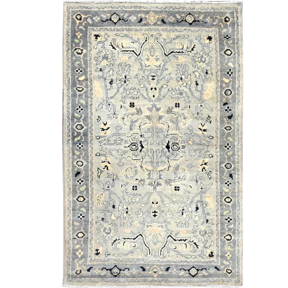 3'x4'10" Grandma Gray Wool Seeripe Heris Hand Knotted Oriental Rug: 3'x4'10" Grandma Gray Wool Seeripe Heris Hand Knotted Oriental Rug The Grandma Gray Wool Seeripe Heris Hand Knotted Oriental Rug boasts an elegant grey field with intricate regional design, showcasing