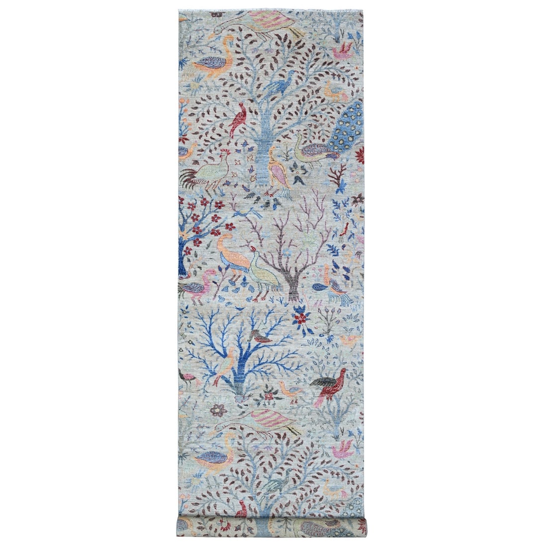 4'1"x16' Tint Gray Birds Of Paradise Peshawar Hand Knotted Oriental Rug: 4'1"x16' Tint Gray Birds Of Paradise Peshawar Hand Knotted Oriental Rug Tint Gray Birds Of Paradise Peshawar Hand Knotted Oriental Rug boasts a stunning grey field with intricate regional design, show