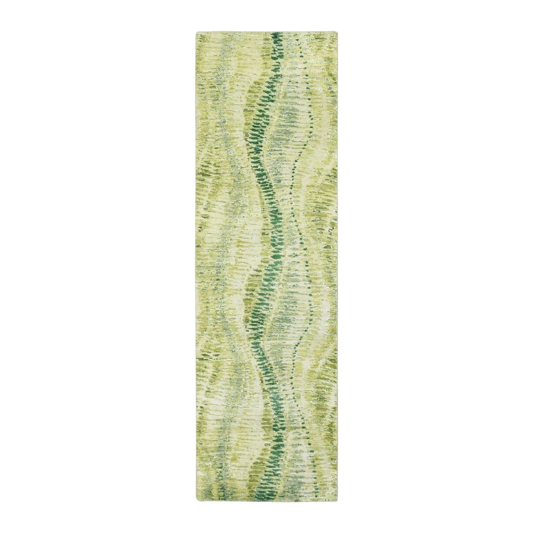 2'5"x8'3" Green 100% Silk Hand Knotted Crocodile Safari Design Runner Rug: 2'5"x8'3" Green 100% Silk Hand Knotted Crocodile Safari Design Runner Rug Green silk hand-knotted crocodile safari design runner rug, measuring 2'5"x8'3" with an all-green field and no border. This