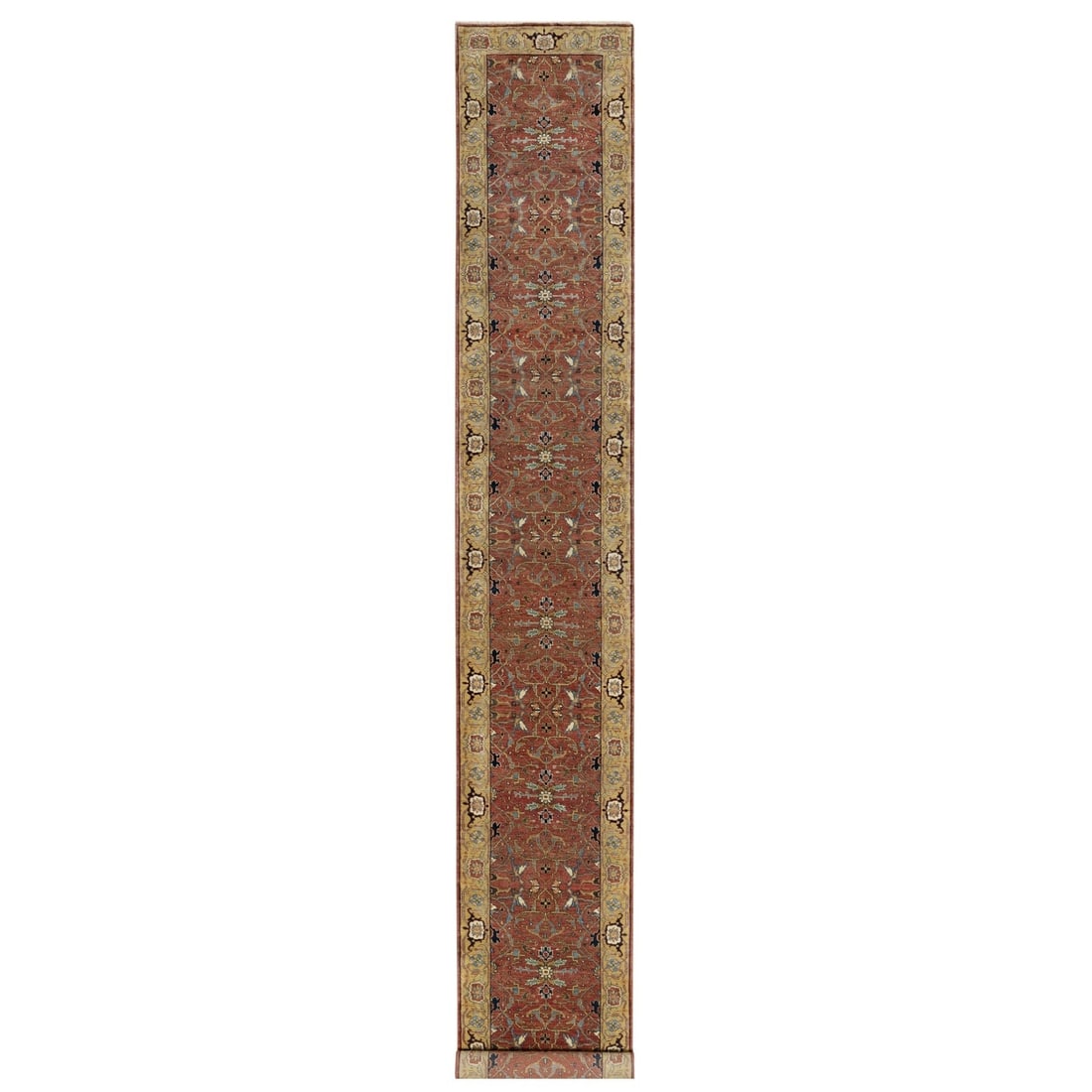 2'7"x18'2" Red Antiqued Fine Heris Re-Creation Hand Knotted XL Runner Rug: 2'7"x18'2" Red Antiqued Fine Heris Re-Creation Hand Knotted XL Runner Rug Hand-knotted in wool, this stunning 2'7"x18'2" Red Antiqued Fine Heris Re-Creation rug boasts a rich, vibrant red color and