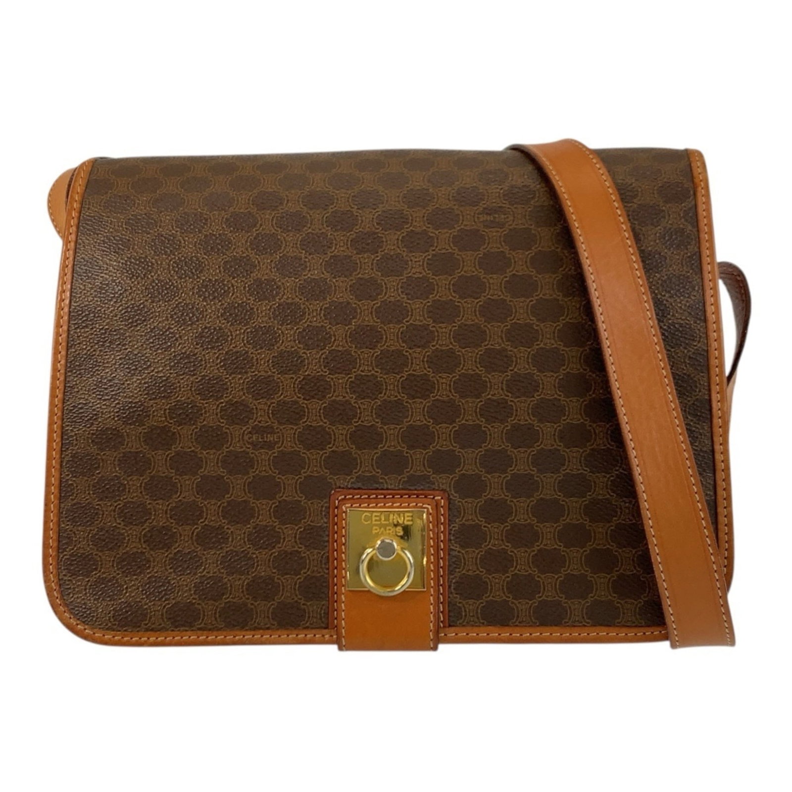 Pochette Leather Celine Shoulder Bag: Pochette Leather Celine Shoulder Bag Brown Celine Pochette Leather Shoulder Bag, 20cm x 26cm x 8cm. This used pochette shoulder bag features a mix of PVC and leather materials in brown color. It shows