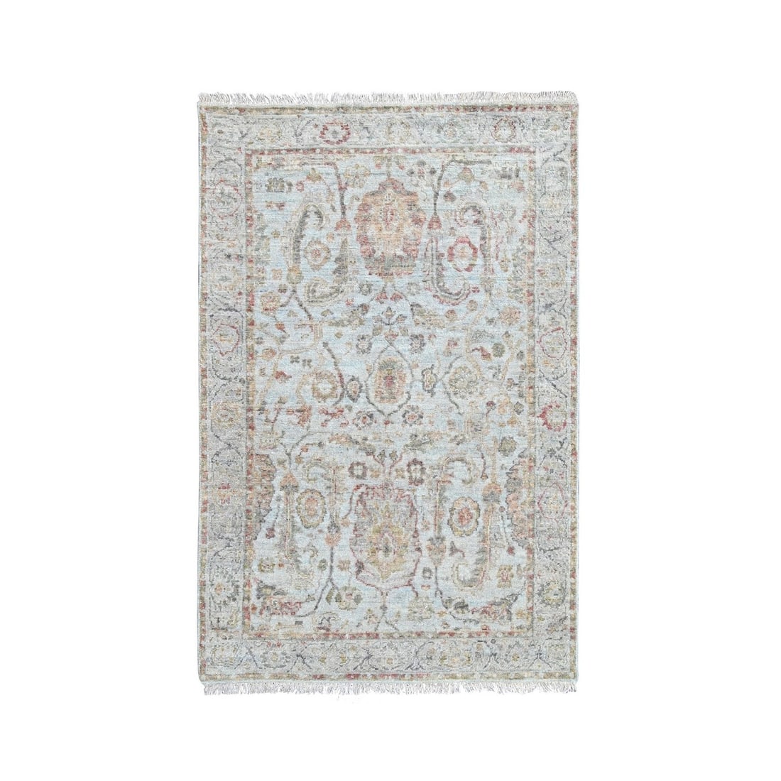 Hand Knotted Rug 3'x5' Light Gray Ziegler Mahal Design Pure Wool Oriental: Hand Knotted Rug 3'x5' Light Gray Ziegler Mahal Design Pure Wool Oriental Hand-knotted in pure wool, this stunning Light Gray Ziegler Mahal design rug measures 3'x5', boasting a rectangular field with
