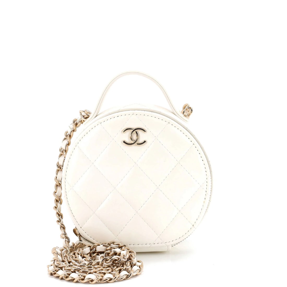 Chanel Handle with Care Round Vanity Case with Chain Quilted Lambskin Small: Chanel Handle with Care Round Vanity Case with Chain Quilted Lambskin Small Small, white Chanel Handle with Care Round Vanity Case features chain quilted lambskin exterior and pink leather interior.