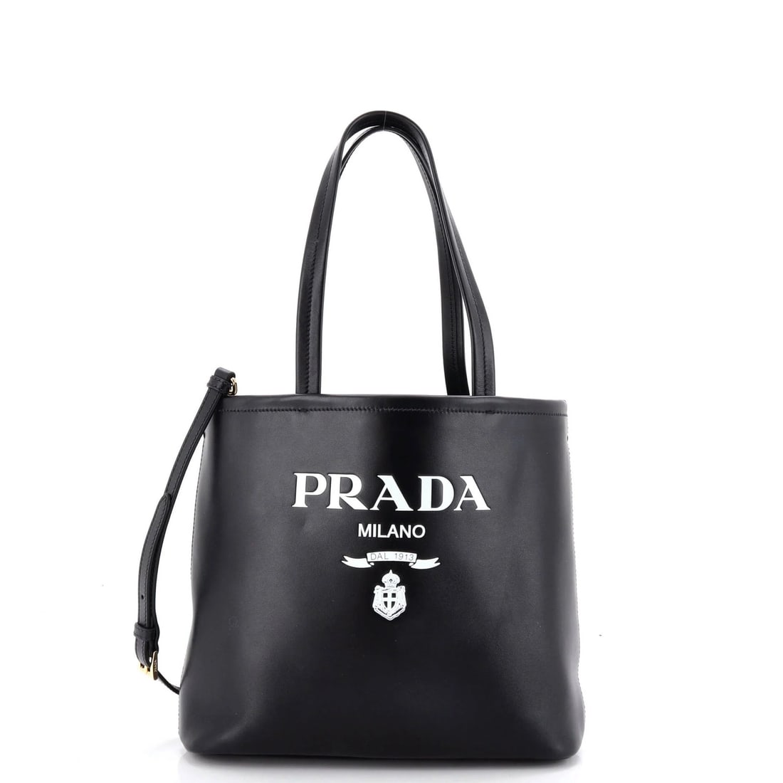 Logo convertible open tote leather small Prada: Logo convertible open tote leather small Prada Black leather small logo convertible open tote from Prada, featuring minor creases on exterior and interior. Measures 8.5" x 10" x 3.5". Minor scratches 