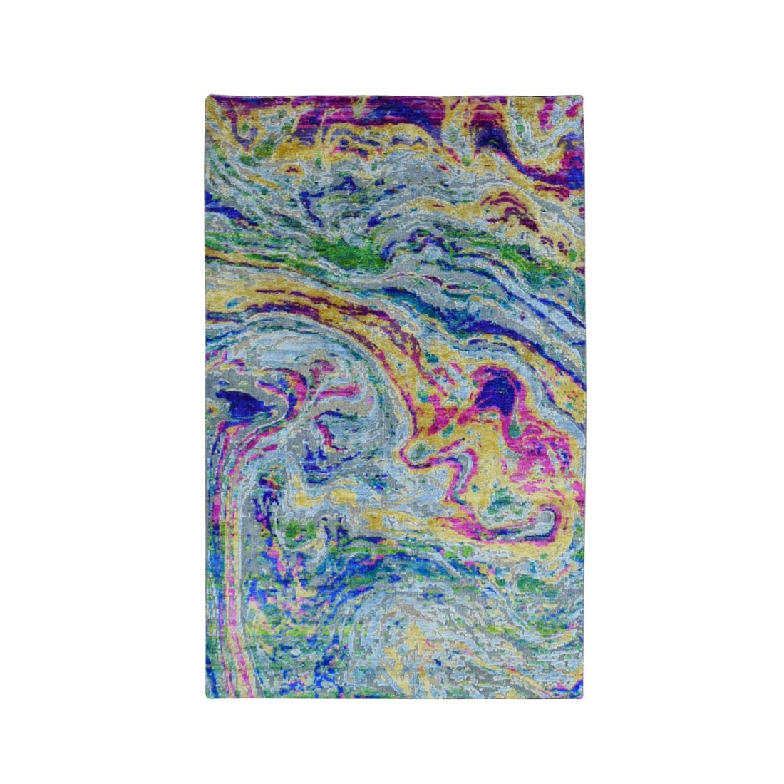 3'x5' THE LAVA Sari Silk With Textured Wool Hand Knotted Rug: 3'x5' THE LAVA Sari Silk With Textured Wool Hand Knotted Rug The Lava Sari Silk With Textured Wool Hand Knotted Rug boasts an eye-catching yellow field with intricate patterns in pink, silver, blue, g