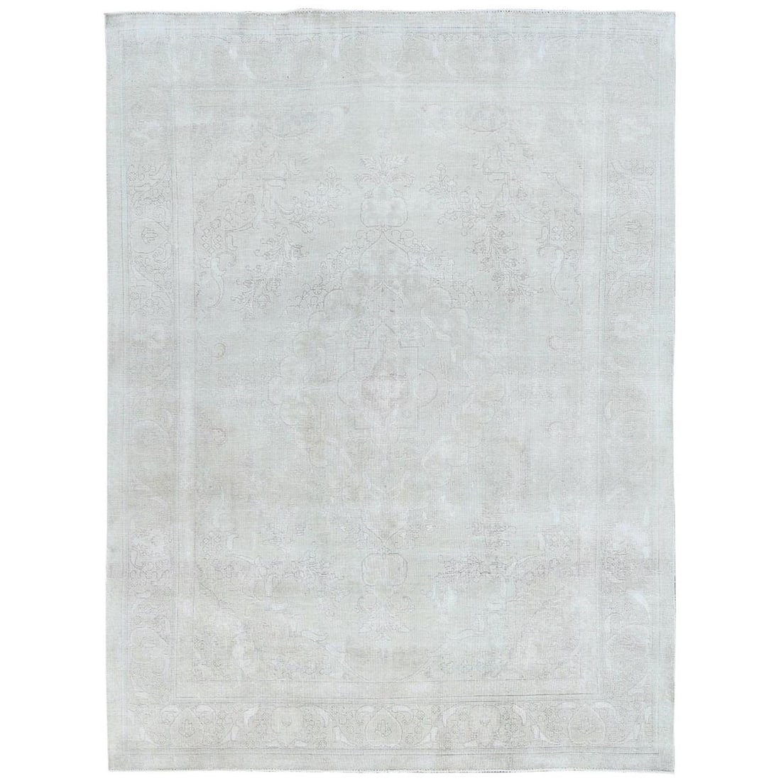 9'5"x12'6" Ivory Worn Wool Hand Knotted Vintage Farsian Tebraz Rug: 9'5"x12'6" Ivory Worn Wool Hand Knotted Vintage Farsian Tebraz Rug 9'5"x12'6" Ivory Worn Wool Hand Knotted Farsian Tebraz Rug - A stunning vintage piece with a rich history, this hand-knotted wool