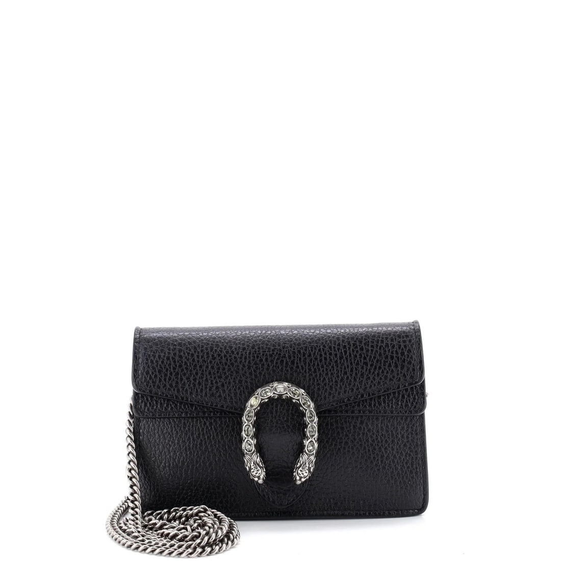 Super mini leather bag Gucci Dionysus: Super mini leather bag Gucci Dionysus Super mini leather bag Gucci Dionysus in black exterior with neutral microfiber interior and aged silver hardware. Measuring just 4" height, 7" width, and 1.5"