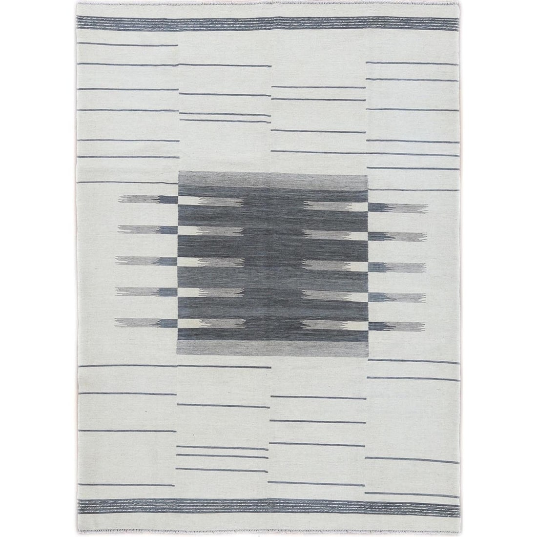 6'5"x9' Avant-Garde Stripe Design Flat Weave Kilim Hand Woven Rug: 6'5"x9' Avant-Garde Stripe Design Flat Weave Kilim Hand Woven Rug Grey 6'5"x9' Avant-Garde Stripe Design Flat Weave Kilim Hand Woven Rug. This unique piece boasts an avant-garde stripe design in a