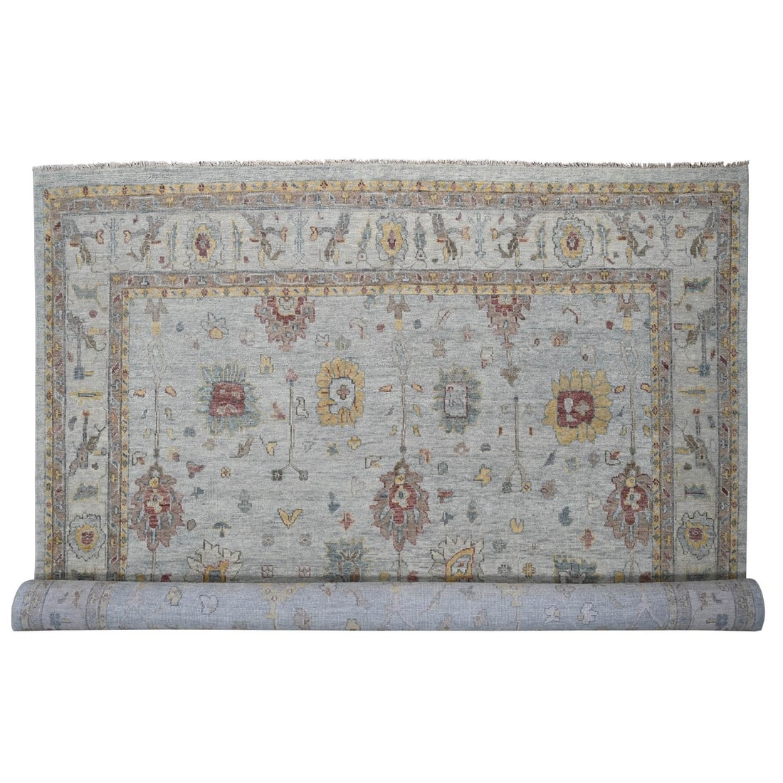14'x17'9" Light Gray Oushak Design Hand Knotted Pure Wool Oversized Rug: 14'x17'9" Light Gray Oushak Design Hand Knotted Pure Wool Oversized Rug Oushak design hand knotted pure wool rug boasts an impressive size and striking light gray color, creating a dramatic focal