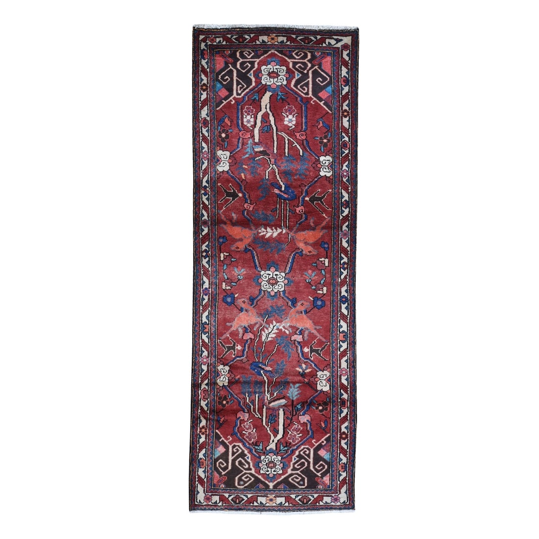 3'5"x9'7" New Farsian Baktiarjoon with Deer Figurines Handmade Runner Rug: 3'5"x9'7" New Farsian Baktiarjoon with Deer Figurines Handmade Runner Rug Hand-knotted in wool, this stunning 3'5"x9'7" Farsian Baktiarjoon runner rug boasts a vibrant red field with intricate deer fi