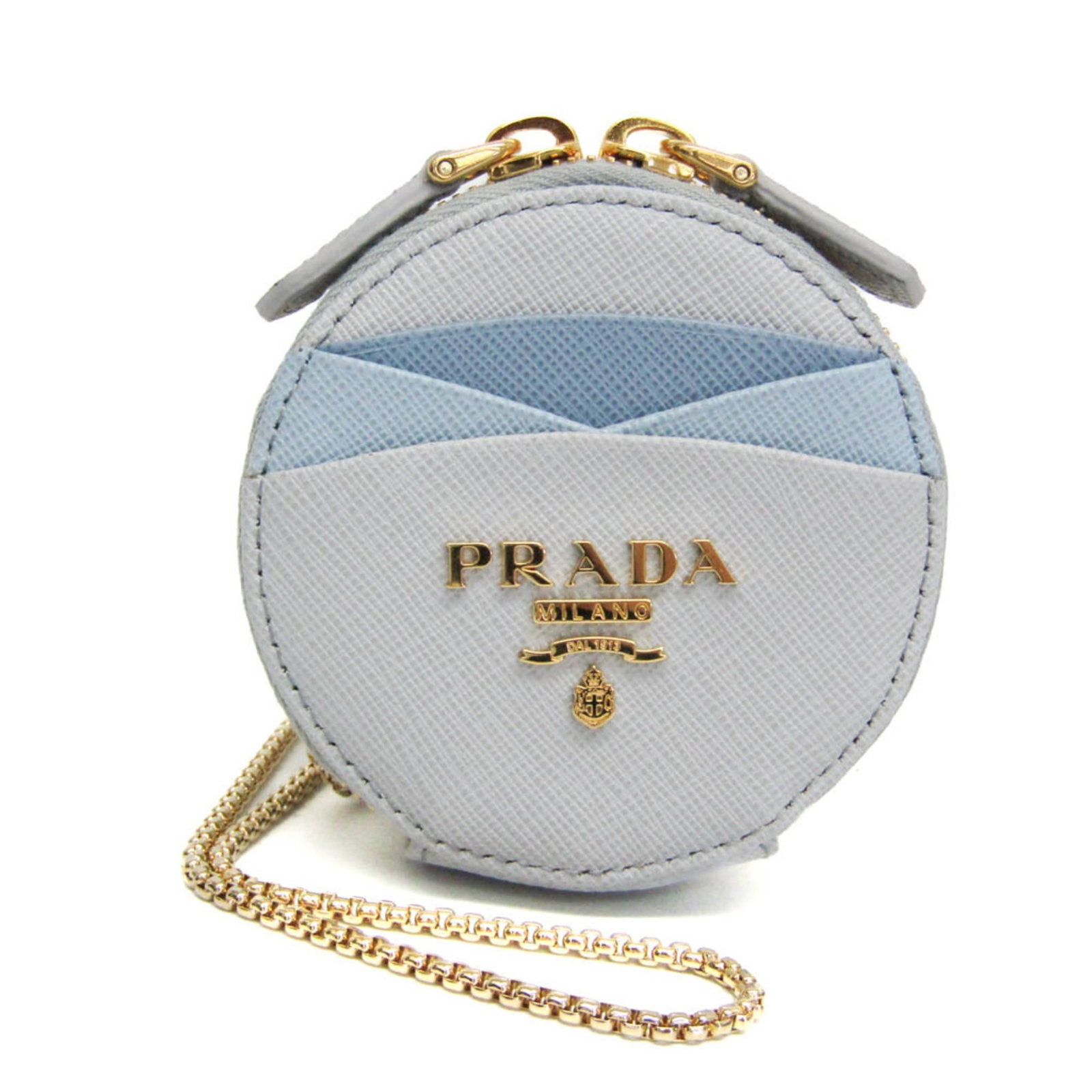 Prada Coin Purse/ Coin Case Leather: Prada Coin Purse/ Coin Case Leather Blue, Light Blue Gray Prada Coin Purse/ Coin Case Leather. Made from high-quality leather, this coin purse features a sleek design with a chain strap and measures