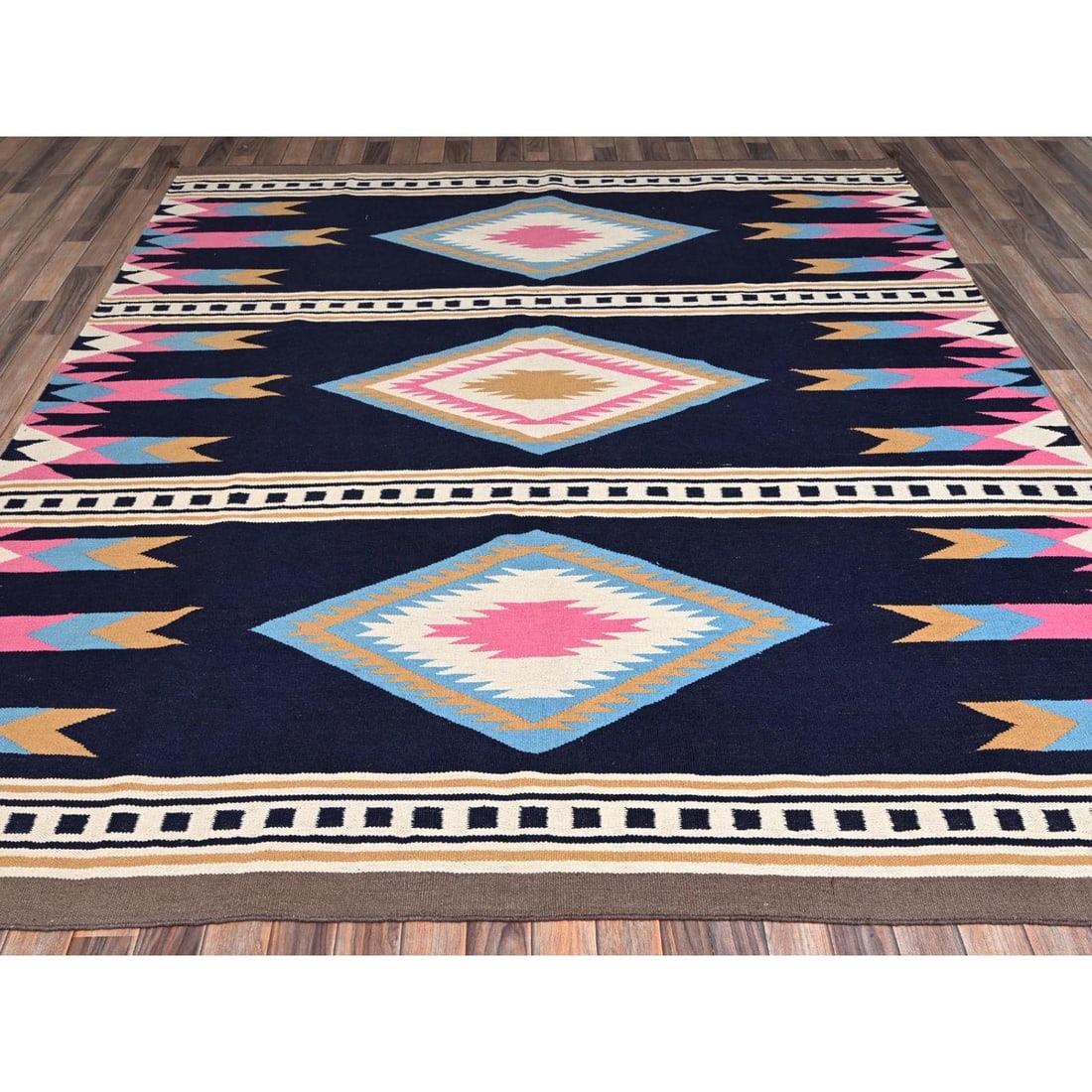 8'4"x9'7" Midnight Blue Flat Weave Geometric Design Hand Woven Wool Rug (1 of 6)