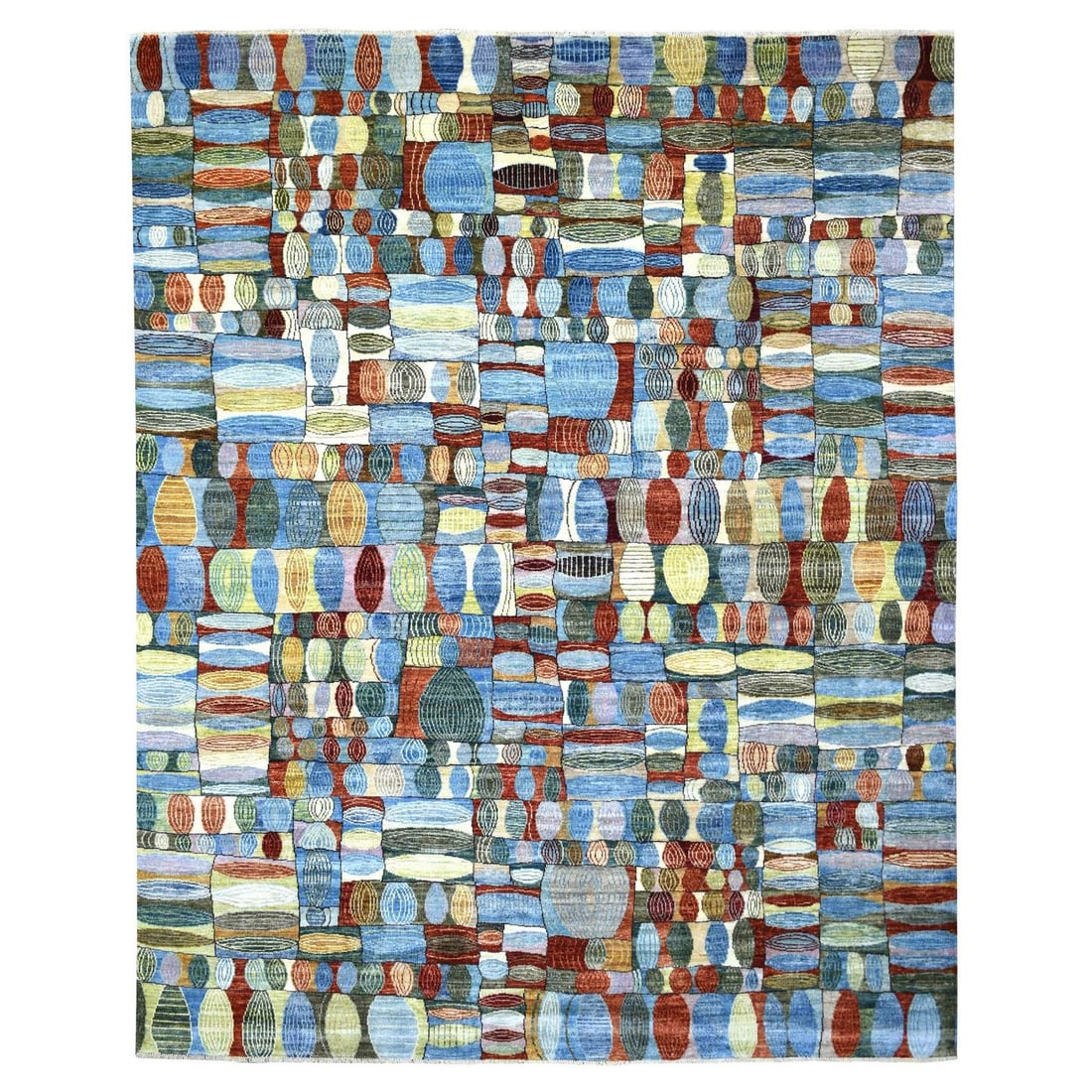 8'x9'9" Colorful Hand Knotted Afghan Kashkuli Gabbeh Hand Spun Wool Rug: 8'x9'9" Colorful Hand Knotted Afghan Kashkuli Gabbeh Hand Spun Wool Rug Intricately hand-knotted with wool, this vibrant blue Afghan-style rug boasts an oriental regional design and rectangular field
