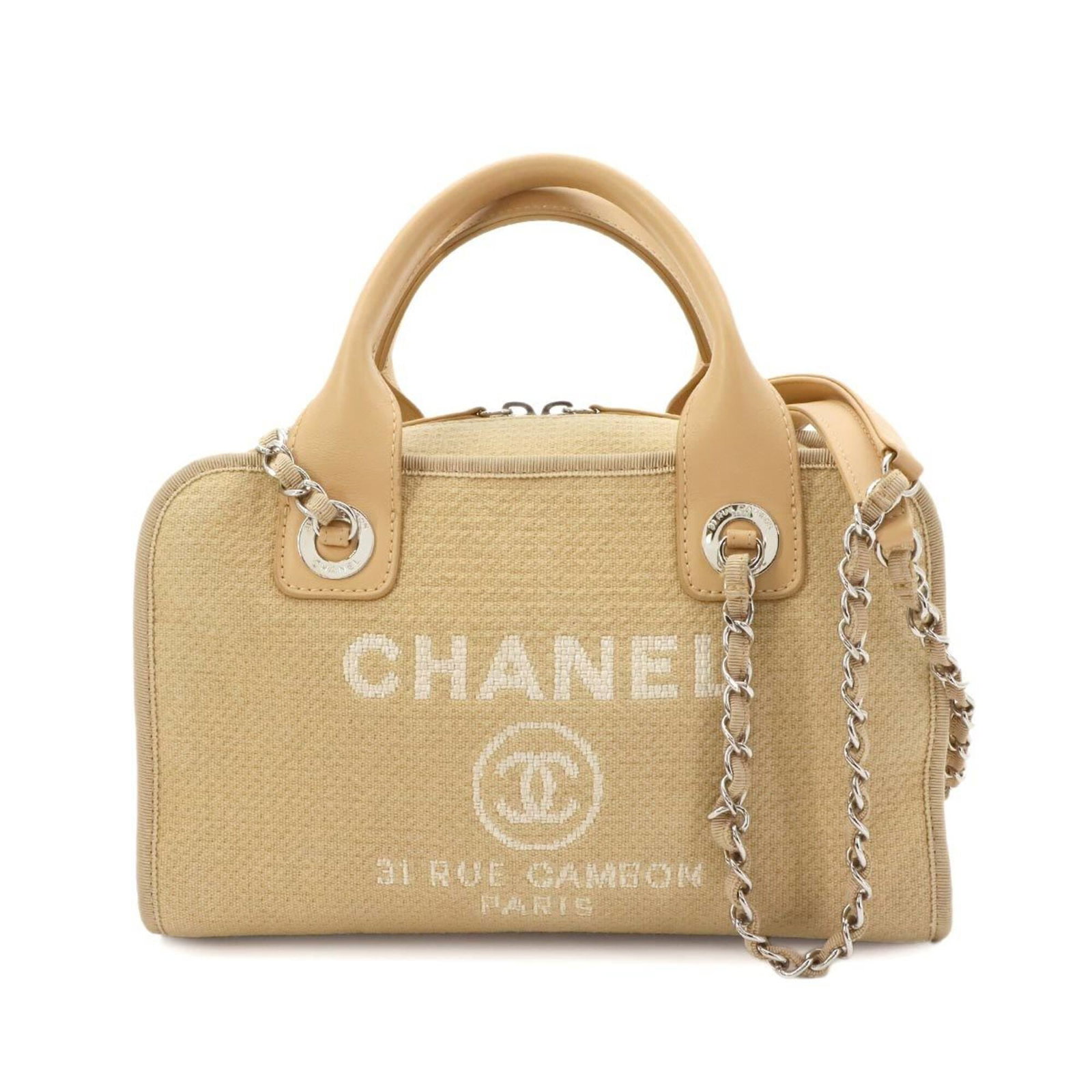 Chanel Handbag Shoulder Bag Canvas Leather: Chanel Handbag Shoulder Bag Canvas Leather Canvas and leather come together in this elegant Chanel shoulder bag, featuring a classic design with clean lines. The beige and white color combination
