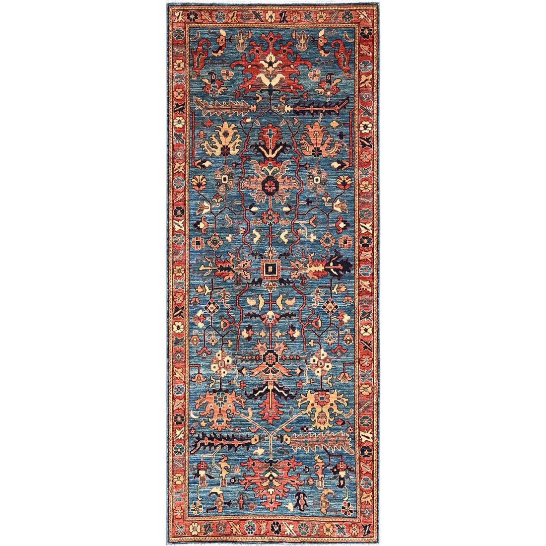 4'2"x9'7" Blue Heris All Over Design Hand Knotted Pure Wool Wide Runner Rug: 4'2"x9'7" Blue Heris All Over Design Hand Knotted Pure Wool Wide Runner Rug Hand-knotted in pure wool, this stunning 4'2"x9'7" blue Heris all-over design rug boasts a rich, vibrant color palette with 