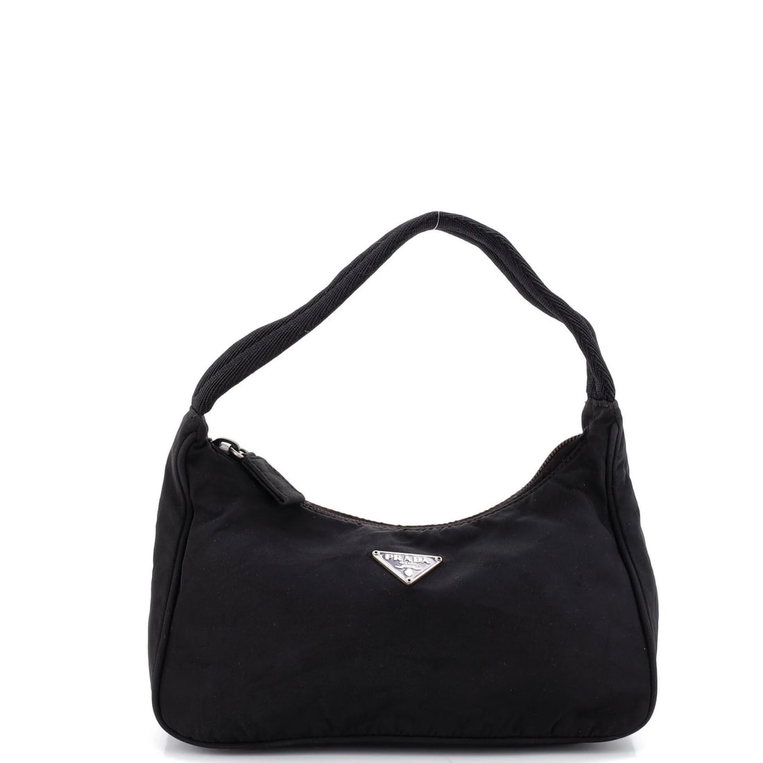 Mini Tessuto Hobo Prada: Mini Tessuto Hobo Prada Mini Prada Tessuto Hobo in Black features a classic design with heavy discoloration, scuffs, and creases throughout its exterior nylon material. The interior boasts a strong pe