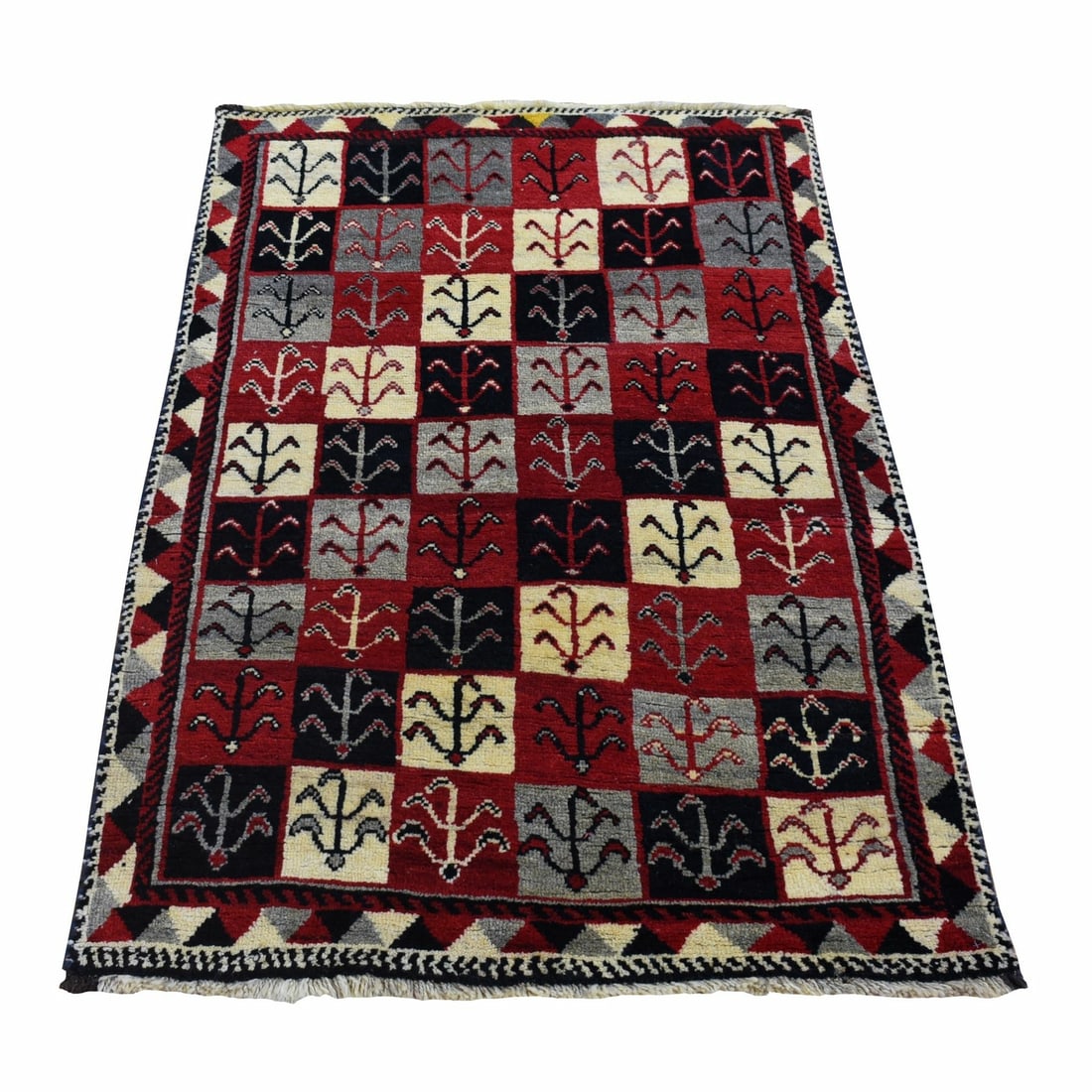 3'7"x5'7" Red New Farsian Gabbeh Checkers Design Hand Knotted Wool Rug: 3'7"x5'7" Red New Farsian Gabbeh Checkers Design Hand Knotted Wool Rug This stunning Red Farsian Gabbeh checkers design hand knotted wool rug boasts a vibrant red field with intricate patterns, showca