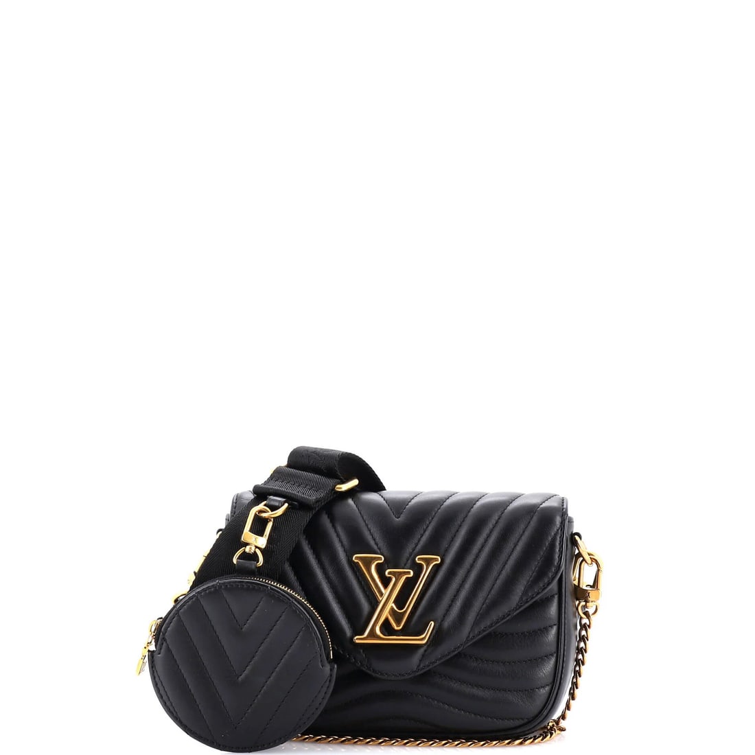Leather quilted multi pochette new wave Louis Vuitton: Leather quilted multi pochette new wave Louis Vuitton Black quilted leather New Wave Louis Vuitton multi pochette with chain strap, featuring scuffs on the exterior and minor creases. The pochette