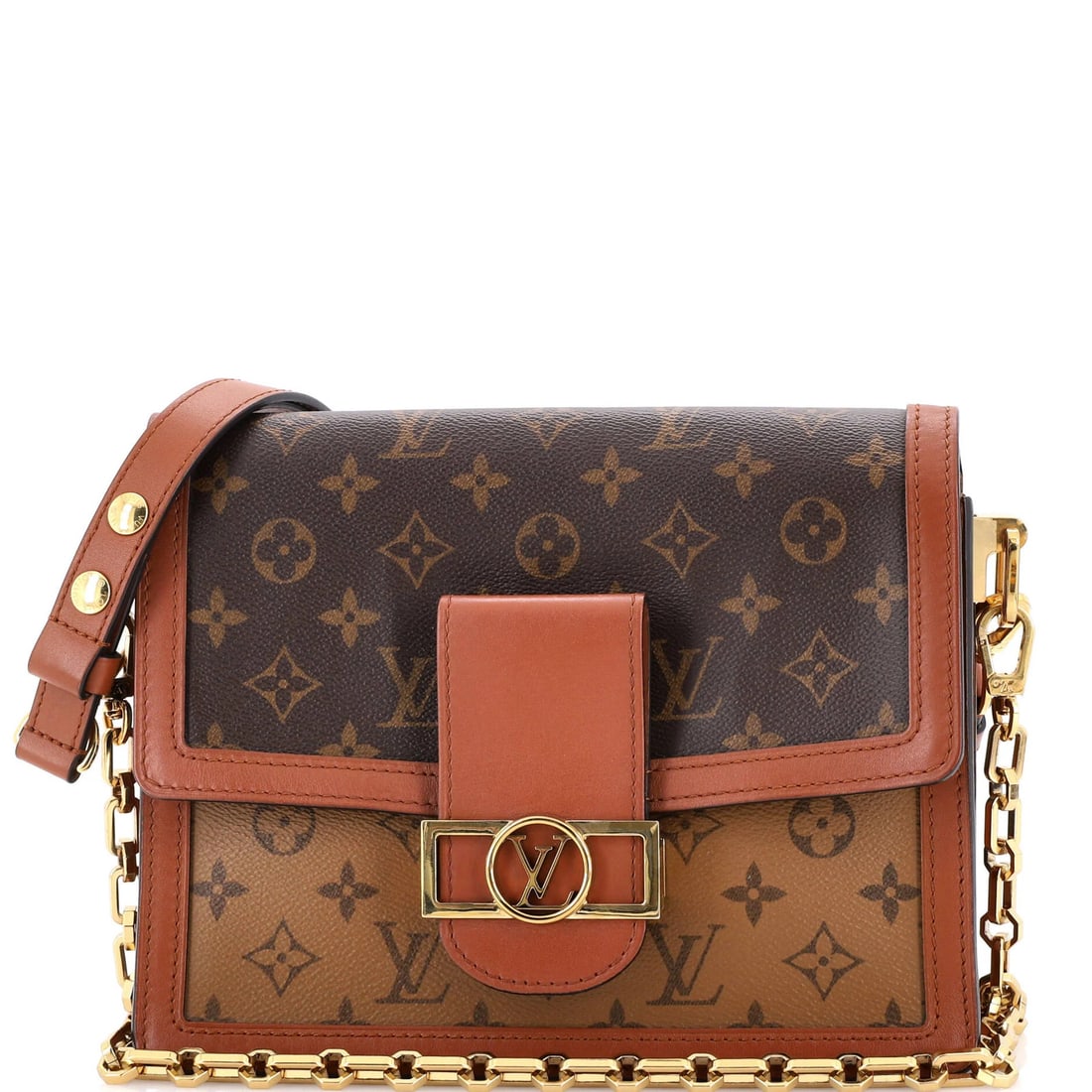 Louis Vuitton Dauphine Reverse MM Monogram Canvas Bag Shoulder: Louis Vuitton Dauphine Reverse MM Monogram Canvas Bag Shoulder Brown Louis Vuitton Dauphine Reverse MM Monogram Canvas Shoulder Bag with gold hardware and microfiber interior, featuring minor edge