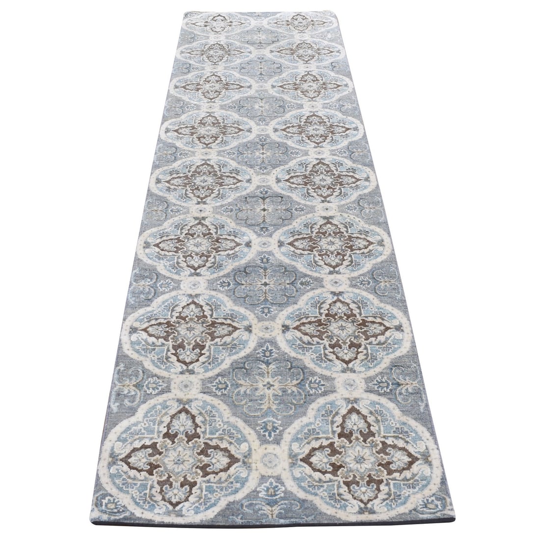 2'7"x9'10" Gray Mughal Design Silk with Wool Hand Knotted Runner Rug: 2'7"x9'10" Gray Mughal Design Silk with Wool Hand Knotted Runner Rug Hand-knotted in wool and silk, this stunning Mughal-inspired rug boasts an intricate rosette design in rich grey tones. Measuring 2