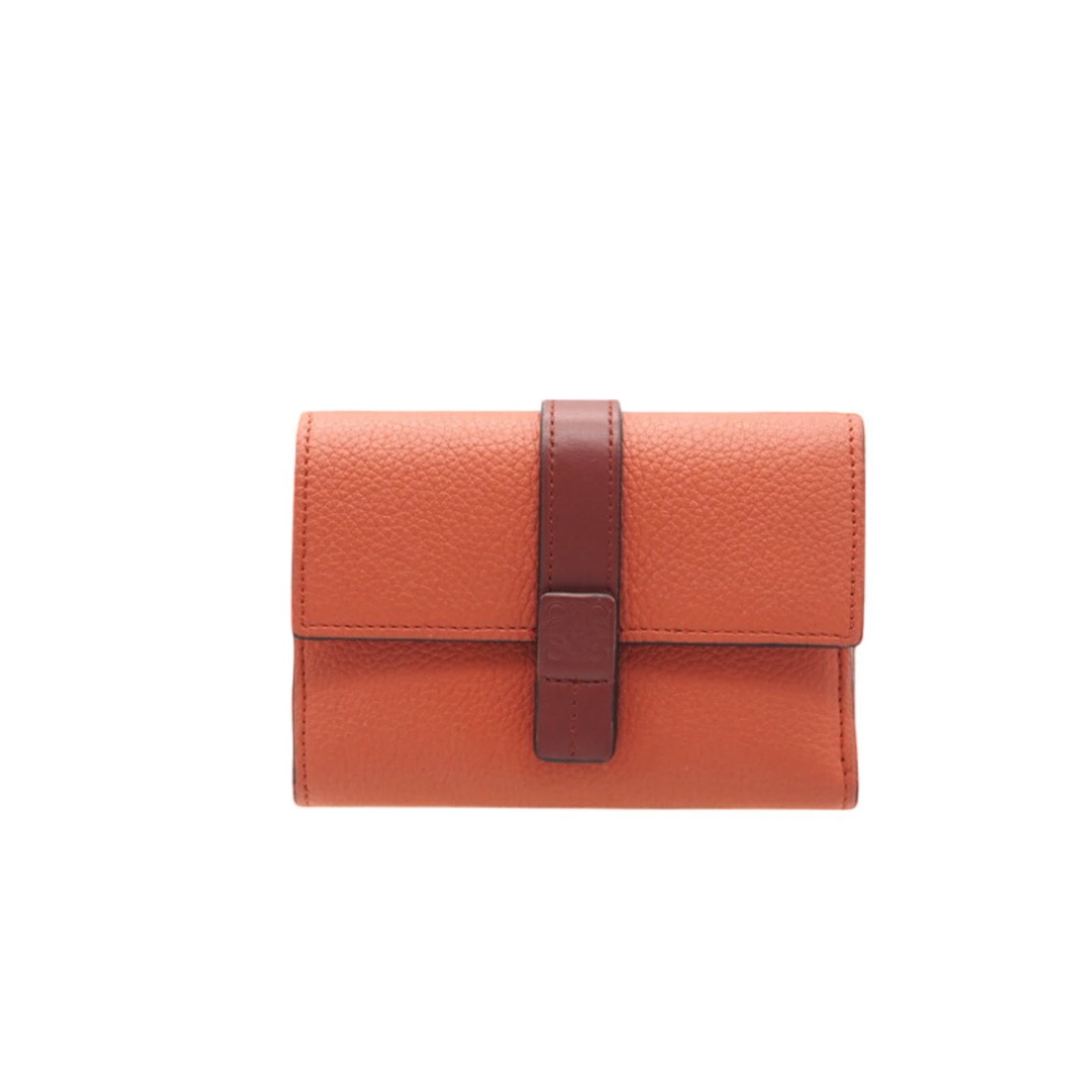 Loewe Wallet (Tri-Fold) Leather: Loewe Wallet (Tri-Fold) Leather Tri-Fold Leather Wallet from Loewe, featuring a vibrant orange calfskin design. This used wallet showcases its unique tri-fold structure and measures 8.5cm x 12cm x