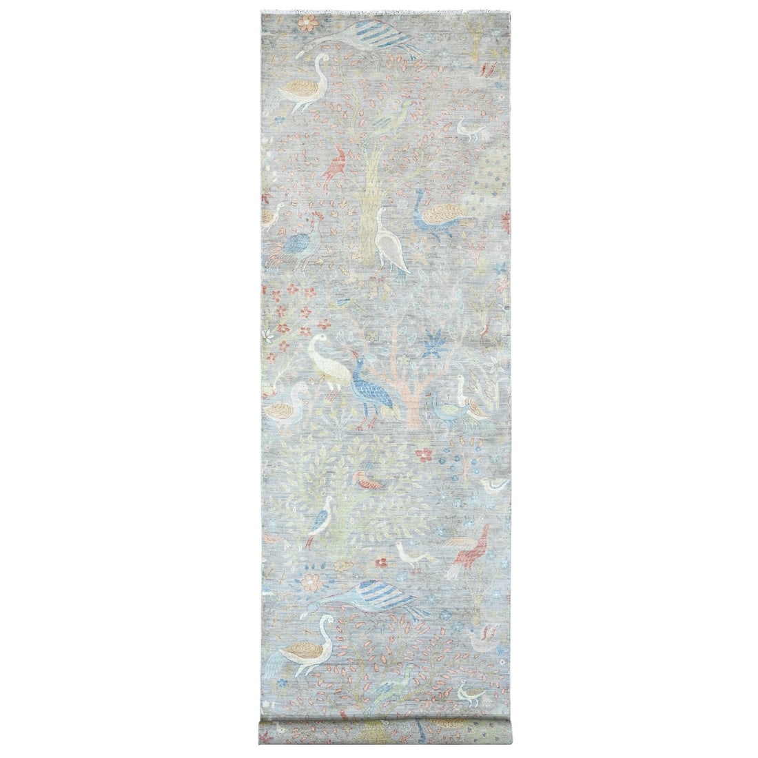 4'x15'9" Gray Wool Afghan Peshawar Birds Design Hand Knotted Runner Rug: 4'x15'9" Gray Wool Afghan Peshawar Birds Design Hand Knotted Runner Rug Hand-knotted in traditional Afghan style, this stunning 4'x15'9" gray wool runner rug features an intricate birds design. Made f