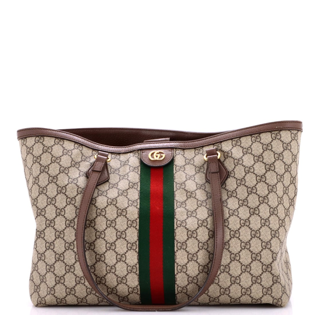 GG Coated Canvas Medium Shopping Tote Gucci Ophidia: GG Coated Canvas Medium Shopping Tote Gucci Ophidia Brown GG Coated Canvas Medium Shopping Tote with Gold Hardware, featuring a neutral microfiber interior. The exterior has notable wear and tear,