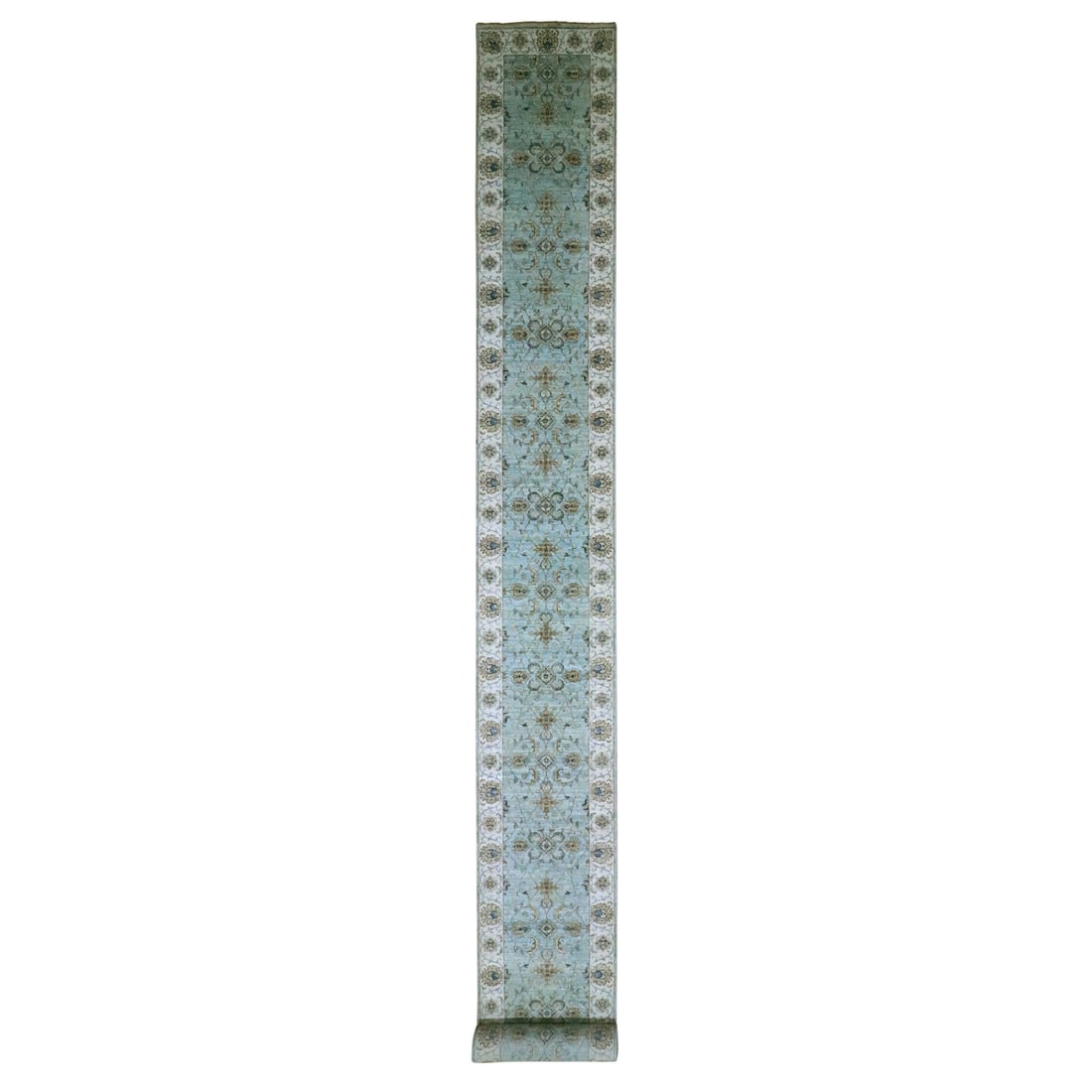 2'6"x25'7" Crystal Blue Pure Wool Vines Design Hand Knotted XL Runner Rug: 2'6"x25'7" Crystal Blue Pure Wool Vines Design Hand Knotted XL Runner Rug Crystal Blue Pure Wool Vines Design Hand Knotted XL Runner Rug boasts an impressive size and intricate design, featuring a