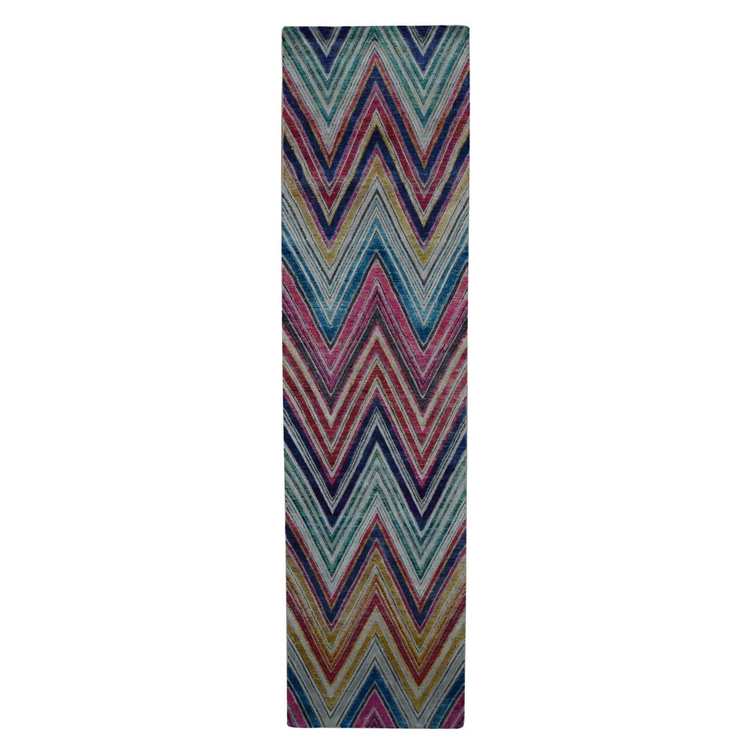 3'x11'10" Colorful Chevron Design Silk and Wool Hand Knotted Runner Rug: 3'x11'10" Colorful Chevron Design Silk and Wool Hand Knotted Runner Rug The vibrant red and blue hues of this hand-knotted runner rug create a striking modern design, perfect for adding a pop of color