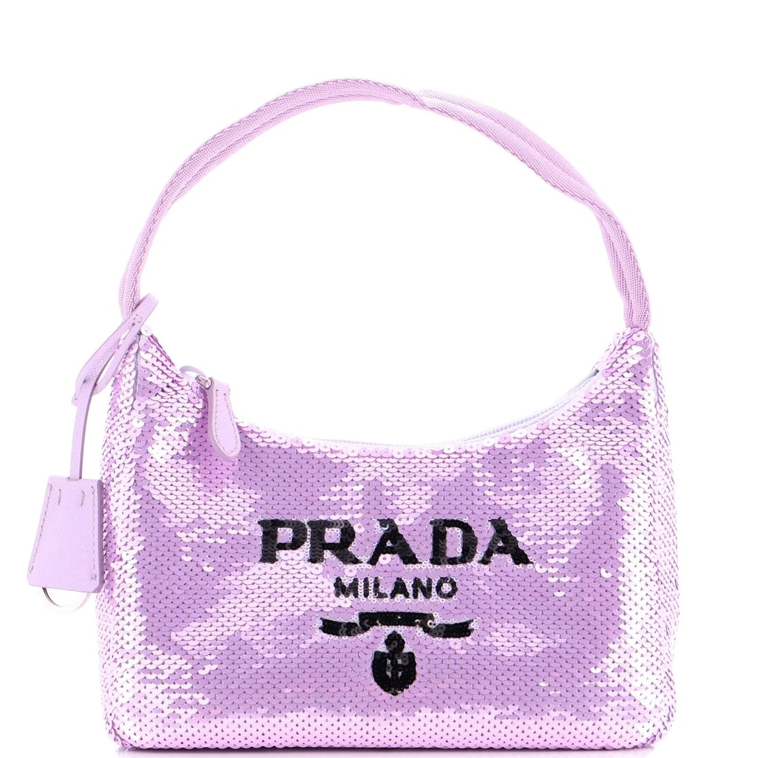 Hobo Mini Sequins Re Edition Prada 2000: Hobo Mini Sequins Re Edition Prada 2000 Sequins cover the exterior of this Prada Hobo Mini Re-Edition, giving it a vibrant purple hue. The miniature size belies its stylish proportions, with a