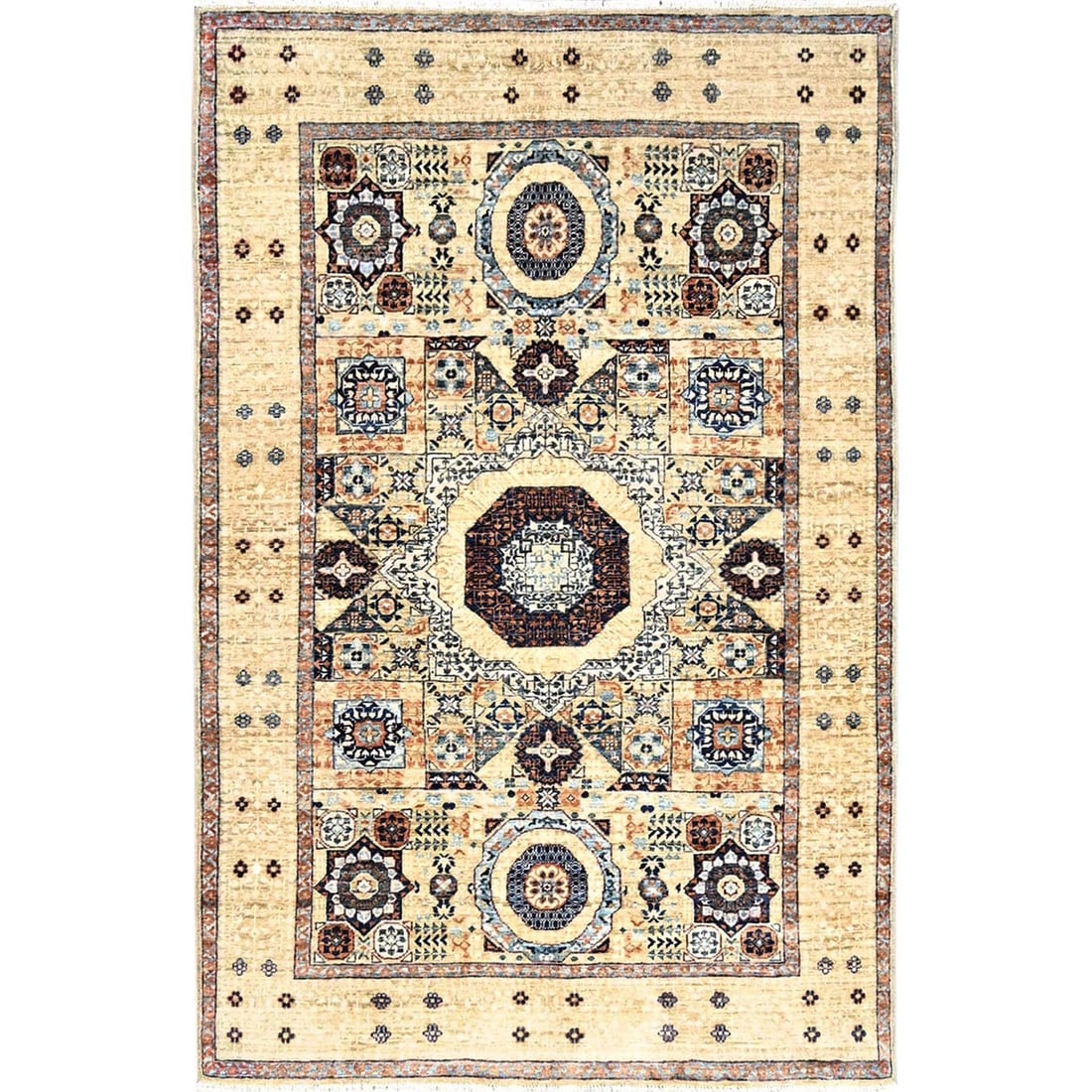 3'10"x6' White Soft Wool Hand Knotted Mamluk Design Oriental Rug: 3'10"x6' White Soft Wool Hand Knotted Mamluk Design Oriental Rug This stunning Mamluk-style hand-knotted wool rug boasts an intricate Oriental design, expertly woven in ivory and dark blue hues that e