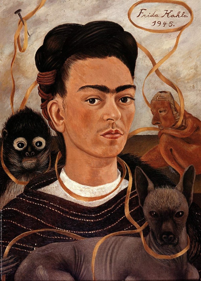 FRIDA KAHLO Self-portrait with Monkey 27.25" x 19.5" Poster Folk Art Brown Blac (1 of 1)