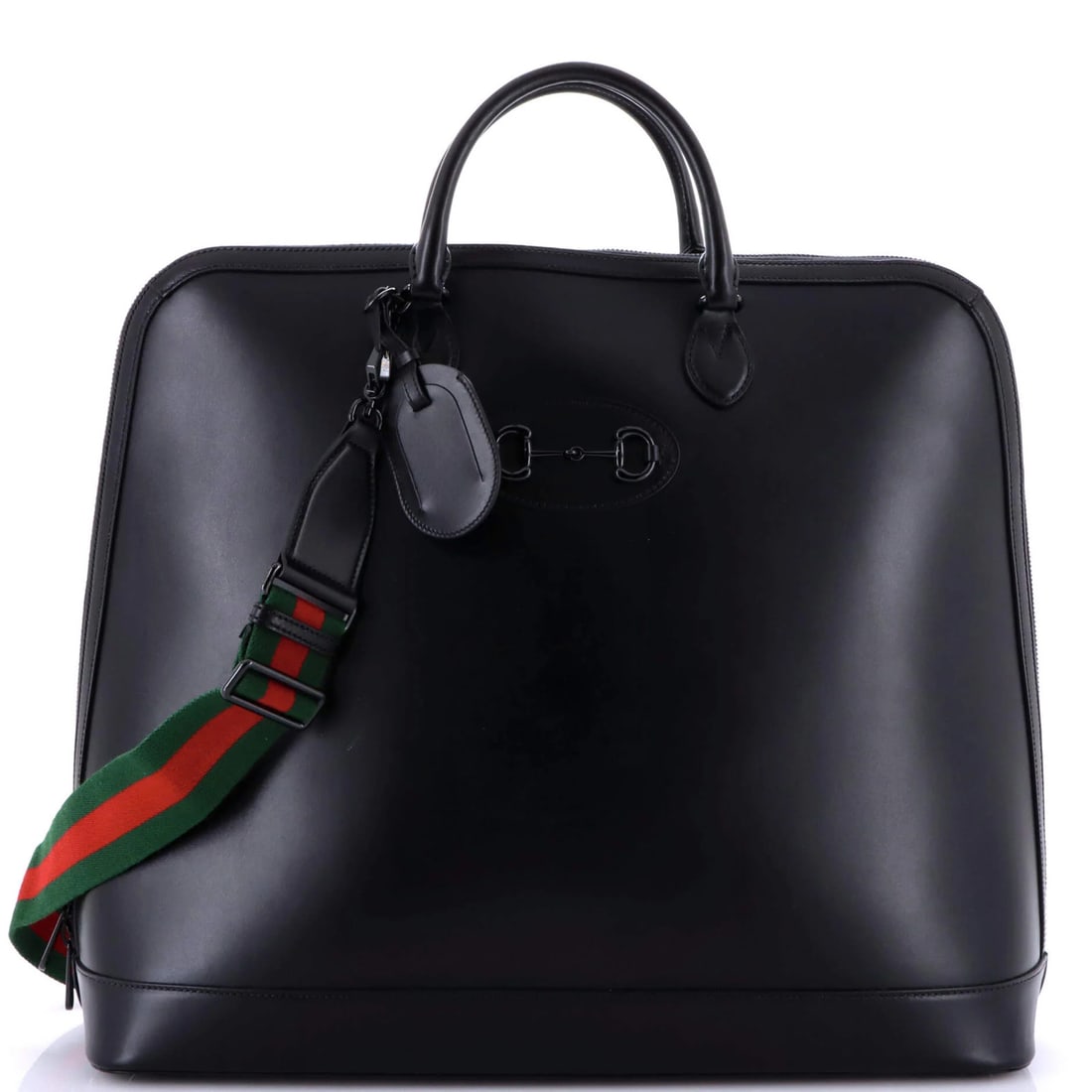 Leather large web duffle bag horsebit gucci 1955: Leather large web duffle bag horsebit gucci 1955 Black leather large web duffle bag with iconic horsebit detail from Gucci's 1955 collection, featuring scuffed exterior and minor wear. The classic des
