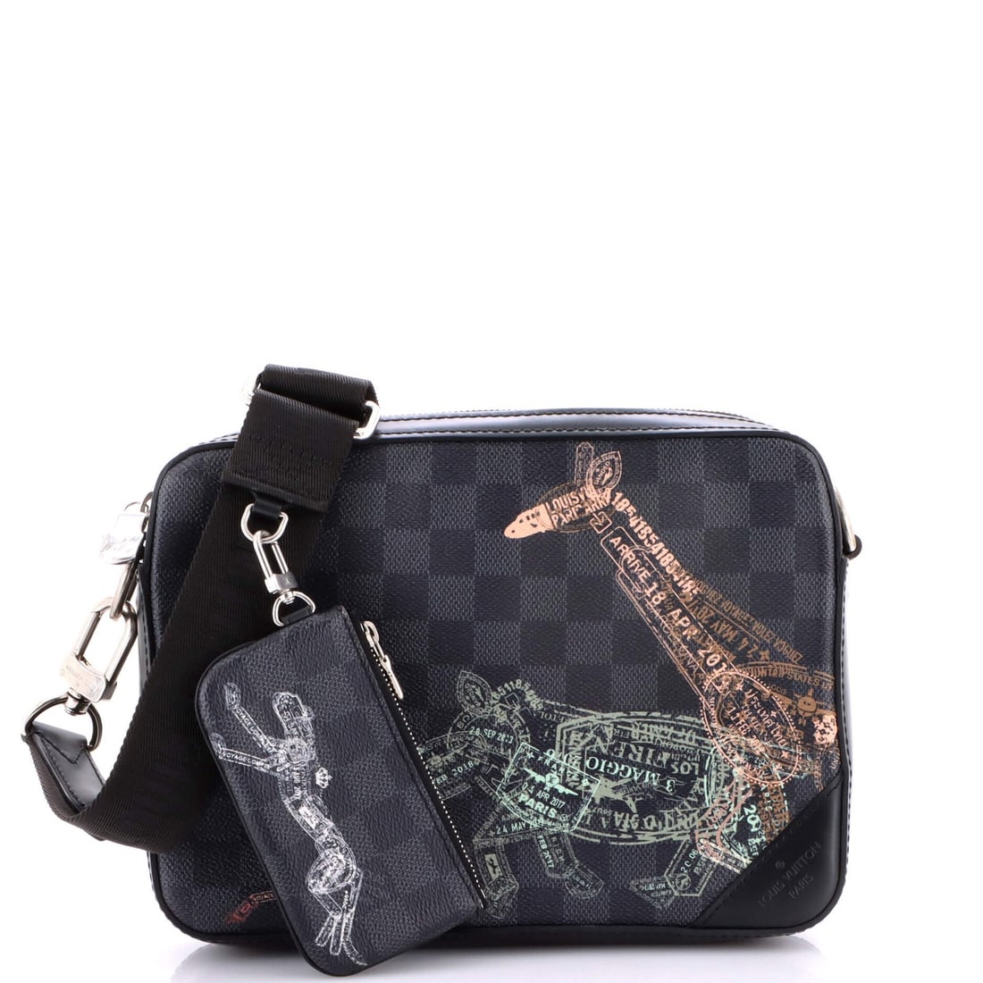 Louis Vuitton Trio Messenger Bag Limited Edition Wild Animals Damier Graphite: Louis Vuitton Trio Messenger Bag Limited Edition Wild Animals Damier Graphite Black canvas coated Louis Vuitton Trio Messenger Bag with Wild Animals Damier Graphite design, featuring extra pochette