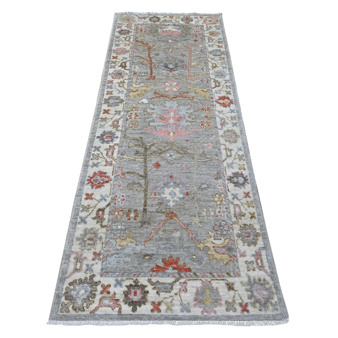 3'x8' Spanish Gray Hand Knotted Angora Oushak Afghan Runner Oriental Rug: 3'x8' Spanish Gray Hand Knotted Angora Oushak Afghan Runner Oriental Rug Spanish Gray Hand Knotted Angora Oushak Afghan Runner Oriental Rug measures 96" in length and 35" in width, featuring a