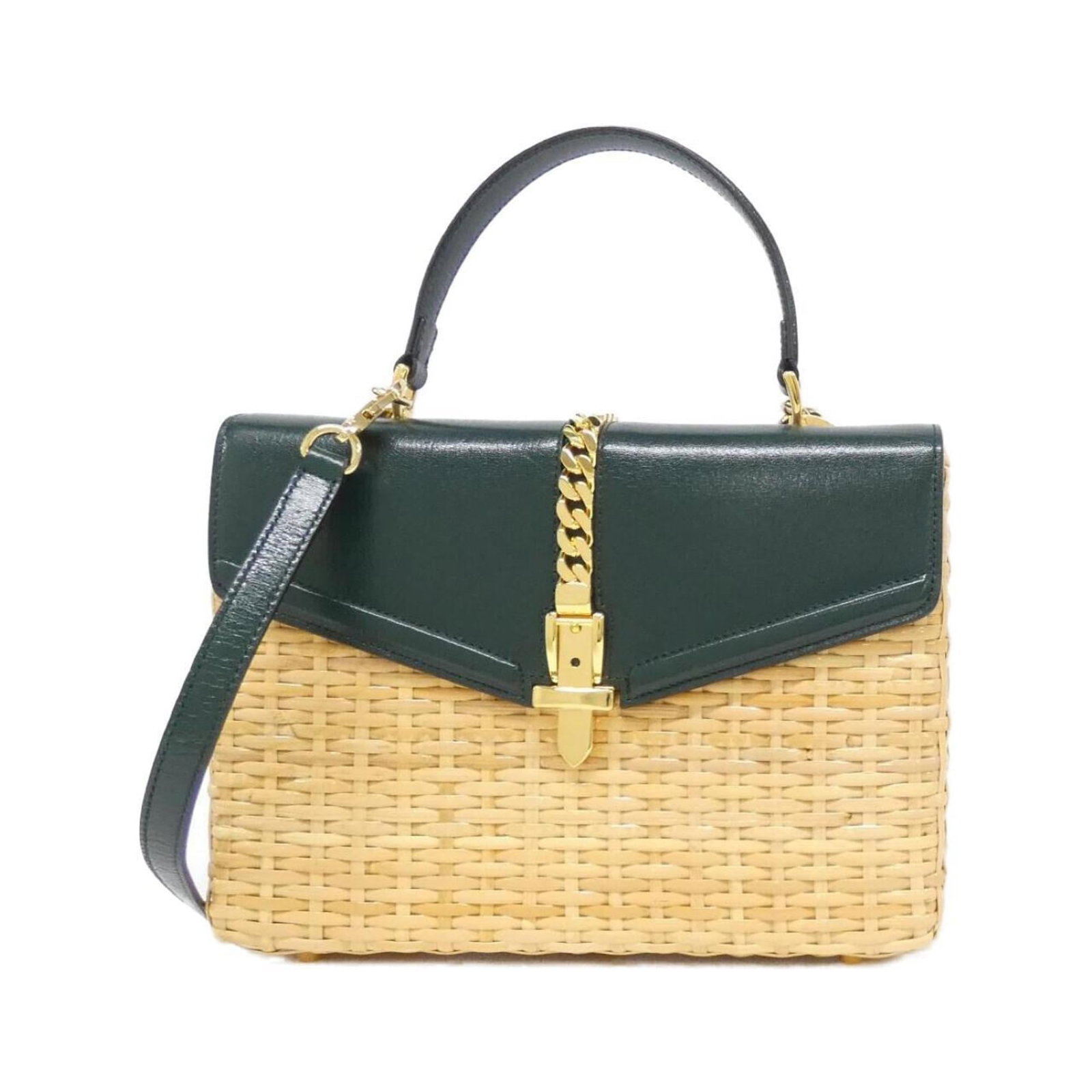 Handbag Leather Gucci: Handbag Leather Gucci Gucci handbag in beige and green leather, measuring 20cm x 26cm x 7cm. The bag shows some scratches and dirt from previous use, but remains in very good condition overall. A