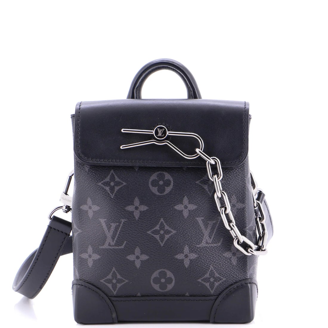 Louis Vuitton Steamer Bag Monogram Eclipse Canvas Nano: Louis Vuitton Steamer Bag Monogram Eclipse Canvas Nano Black Steamer Bag Monogram Eclipse Canvas Nano from Louis Vuitton, featuring cross body design with minor scuffs on exterior and interior.
