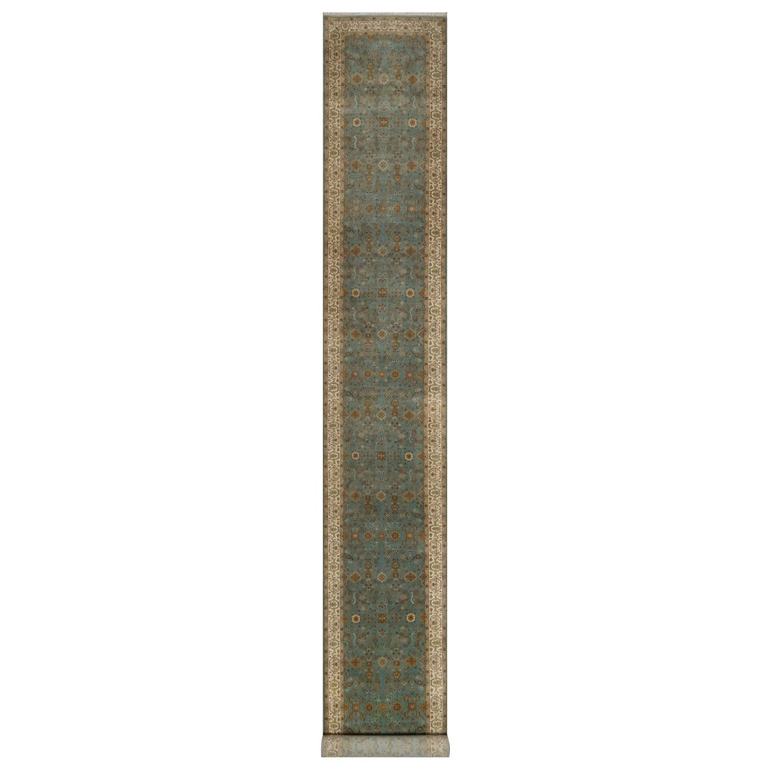 2'8"x19'5" Blue Tebraz Revival New Zealand Wool Hand Knotted 300 KPSI Runner: 2'8"x19'5" Blue Tebraz Revival New Zealand Wool Hand Knotted 300 KPSI Runner Blue Tebraz Revival New Zealand Wool Hand Knotted Runner boasts an all-over regional Oriental design, woven with